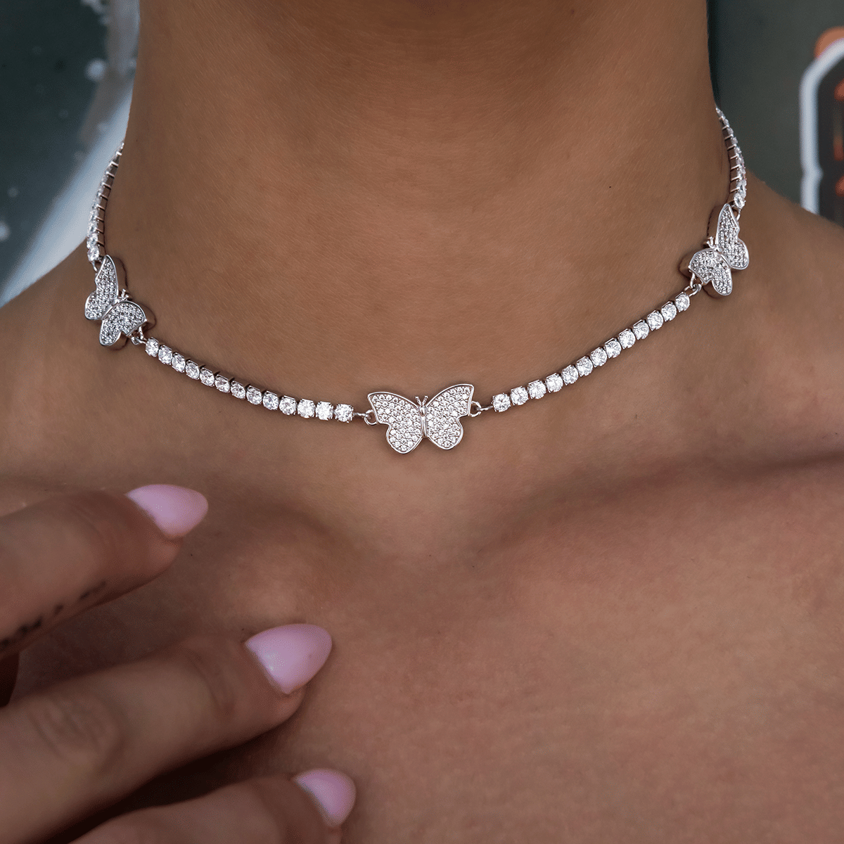 GLD PROMO - WOMEN Micro Tennis Butterfly Necklace in White Gold