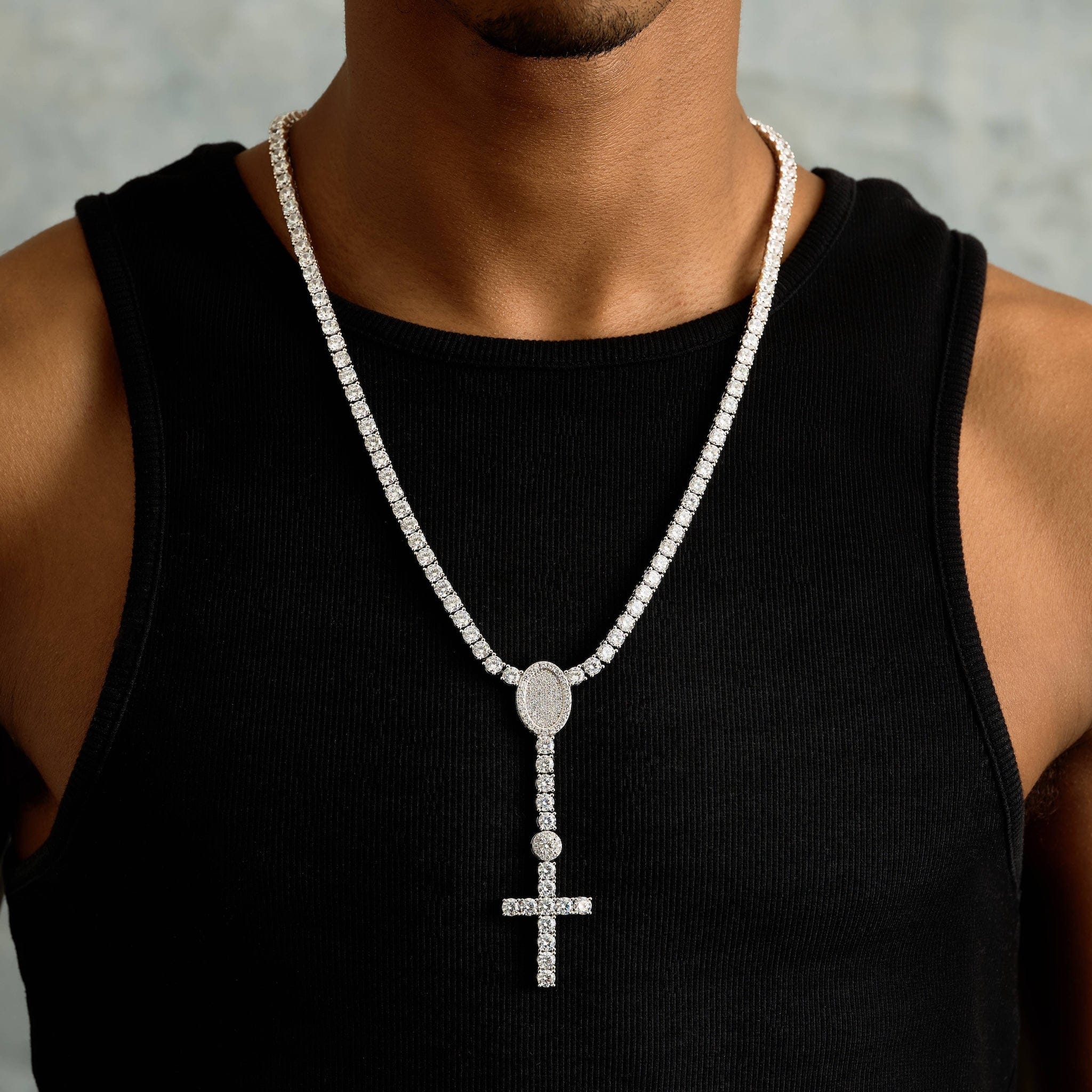 GLD Men Diamond Eternity Tennis Cross Rosary Lariat in White Gold - 5 mm