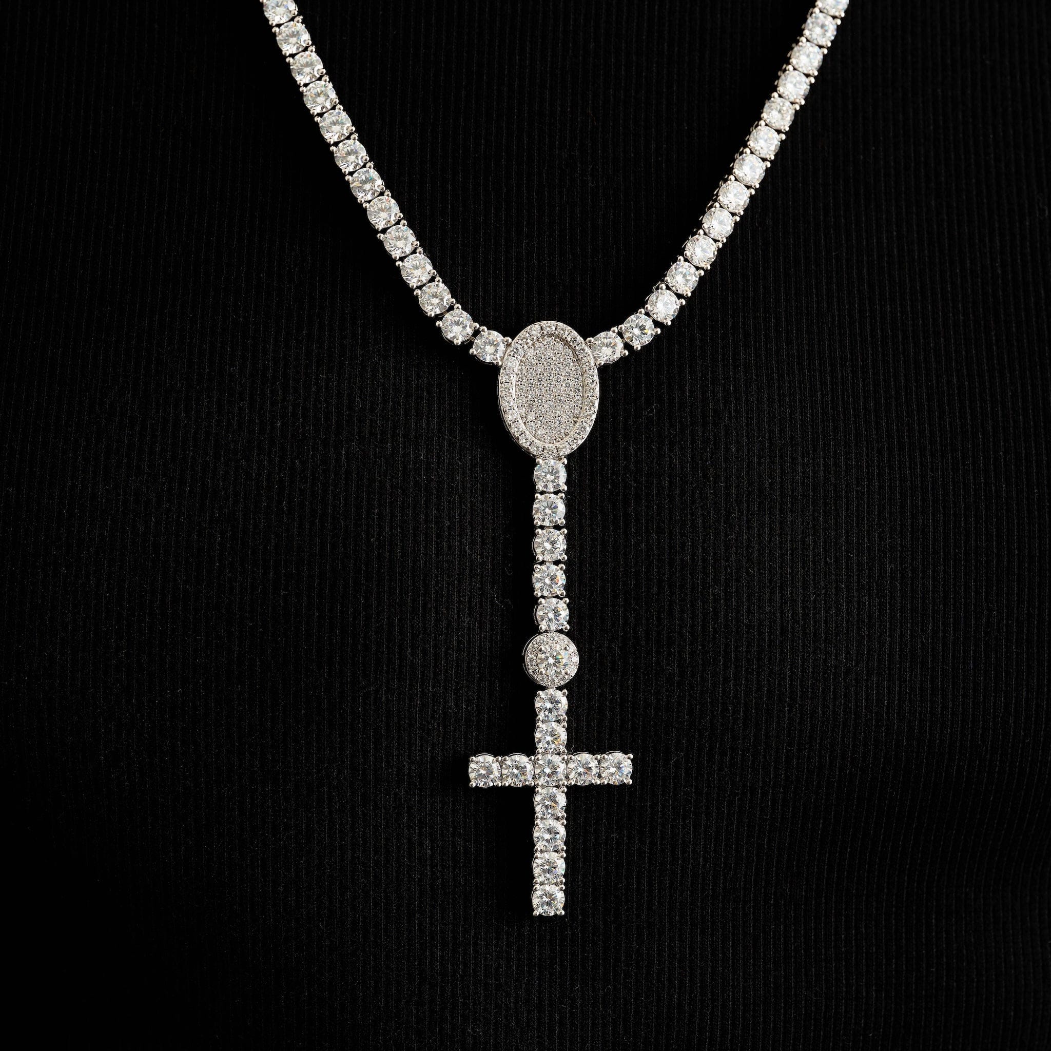 GLD Men Diamond Eternity Tennis Cross Rosary Lariat in White Gold - 5 mm