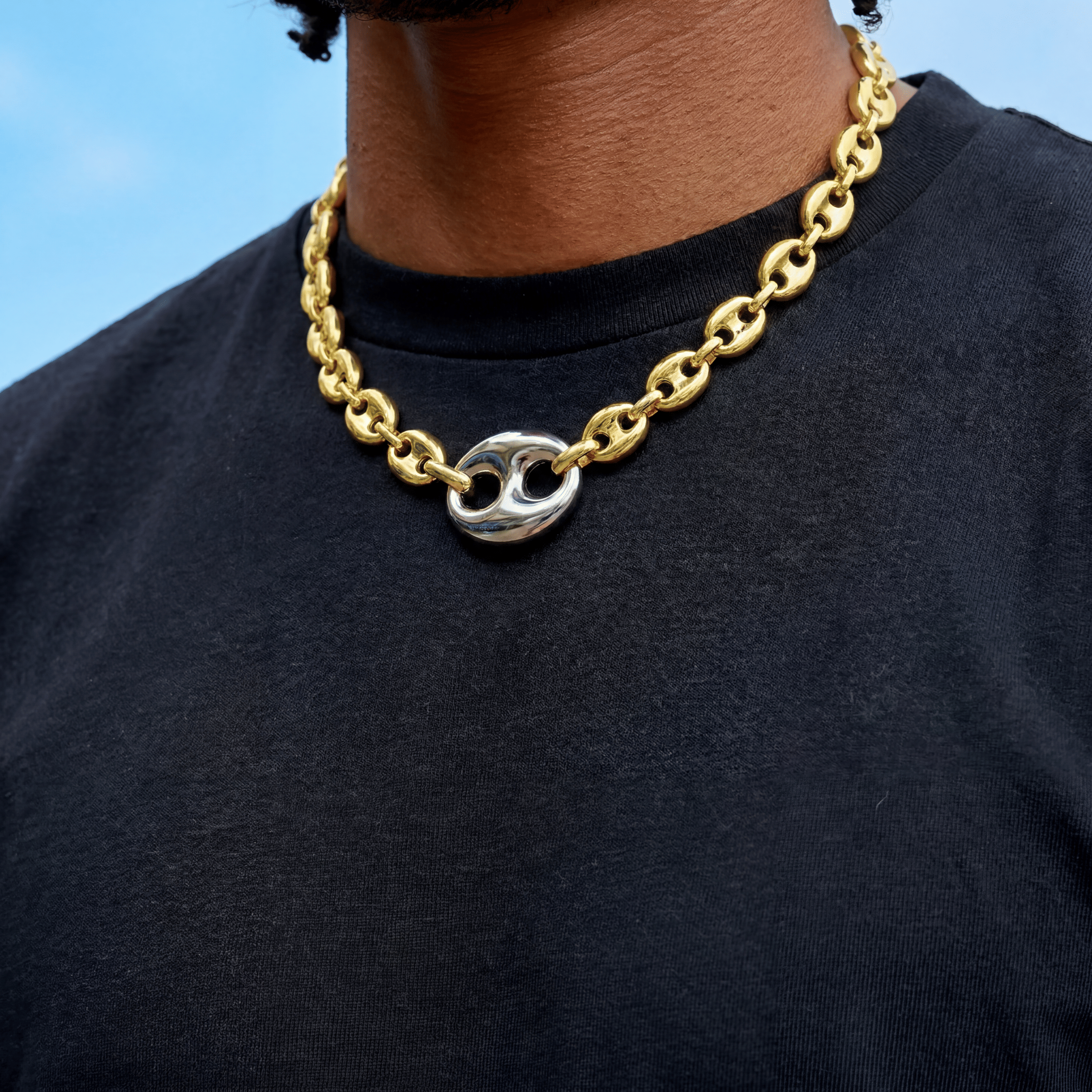 GLD Men Two Tone Large Link Puffed Mariner Chain in Yellow & White Gold - 15 mm