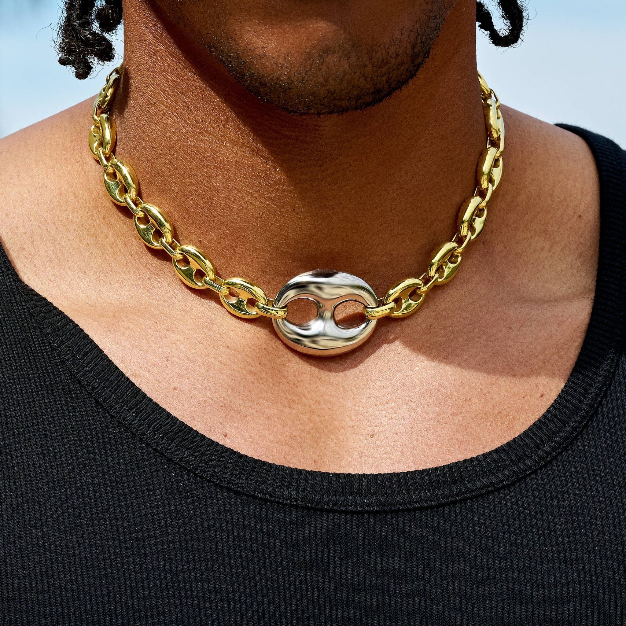 GLD Men Two Tone Large Link Puffed Mariner Chain in Yellow & White Gold - 15 mm