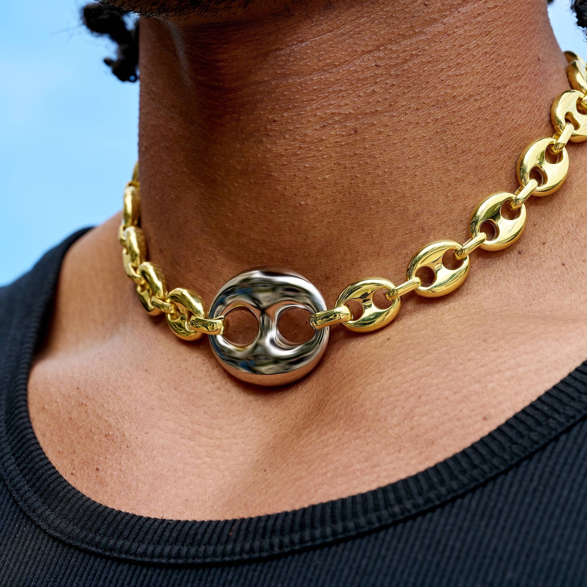 GLD Men Two Tone Large Link Puffed Mariner Chain in Yellow & White Gold - 15 mm