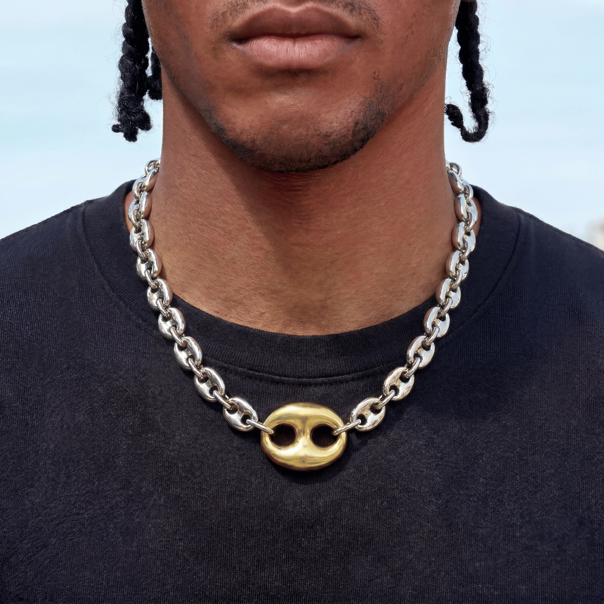 GLD Men Two Tone Large Link Puffed Mariner Chain Necklace in White & Yellow Gold - 15 mm