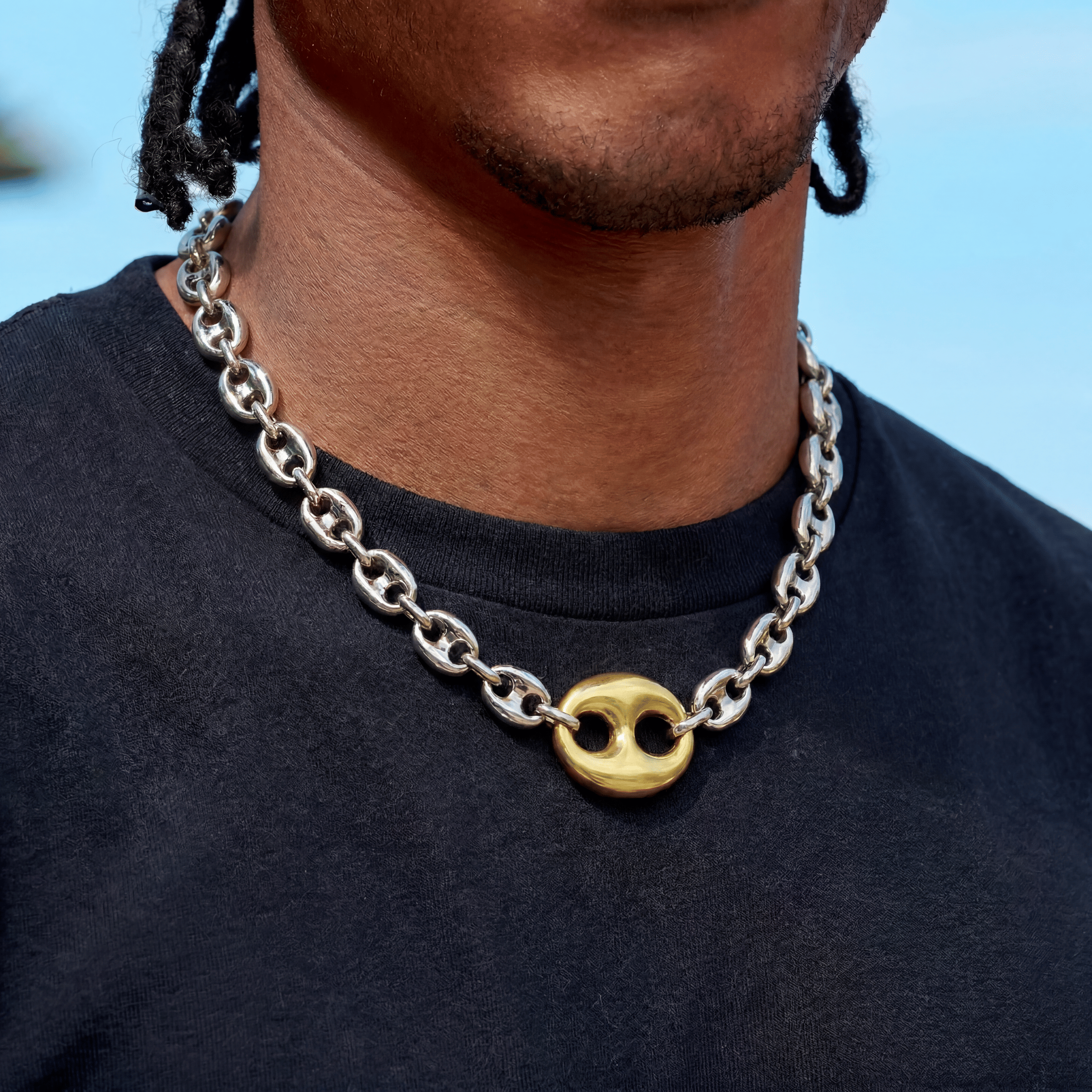 GLD Men Two Tone Large Link Puffed Mariner Chain Necklace in White & Yellow Gold - 15 mm