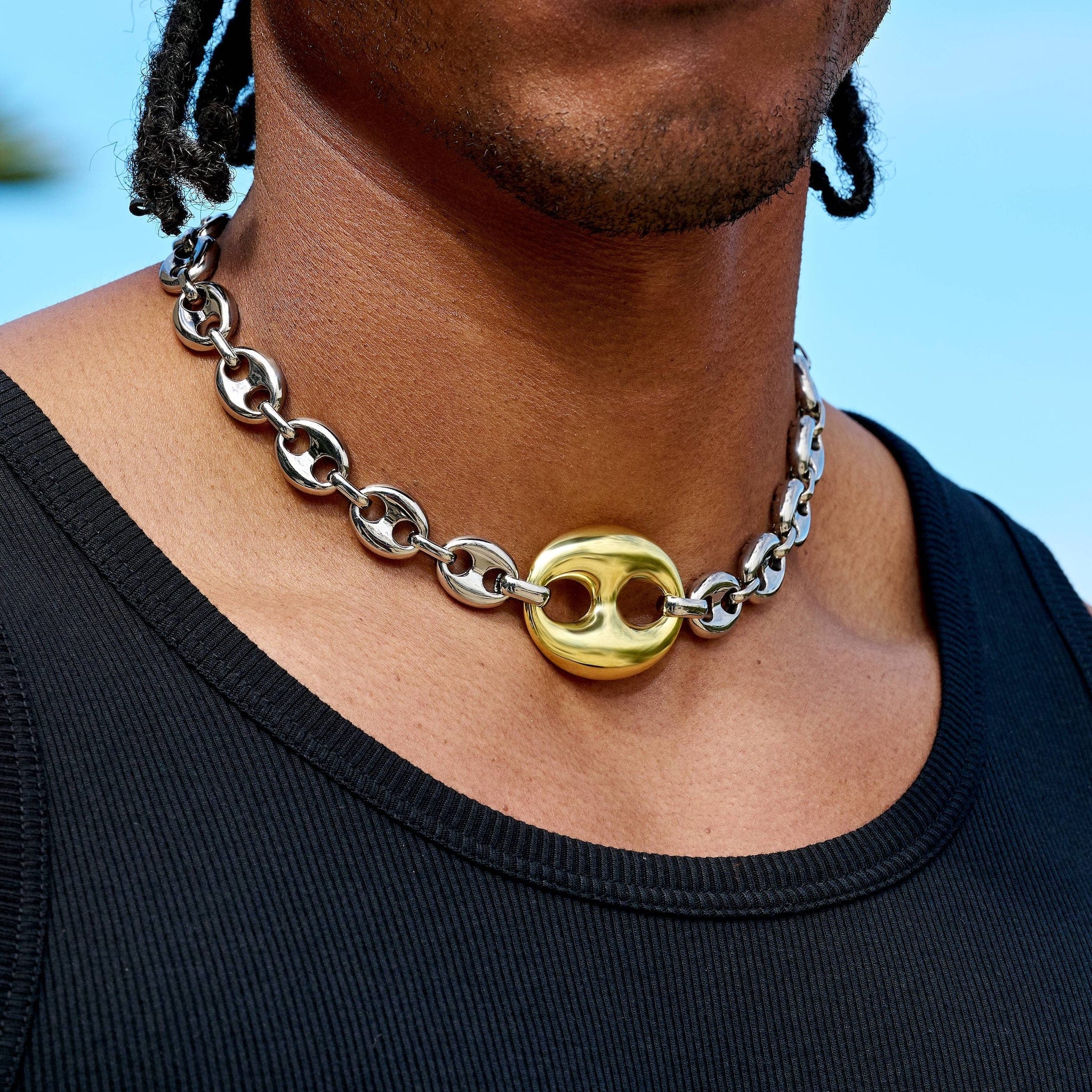 GLD Men Two Tone Large Link Puffed Mariner Chain Necklace in White & Yellow Gold - 15 mm