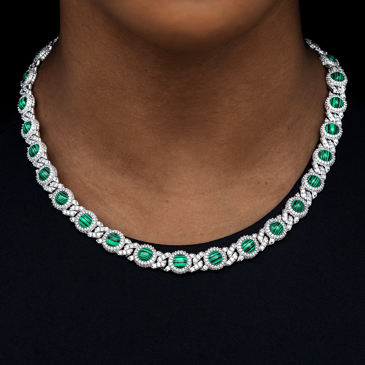 GLD Women 10 mm Iced Halo Cuban Necklace with Malachite in White Gold