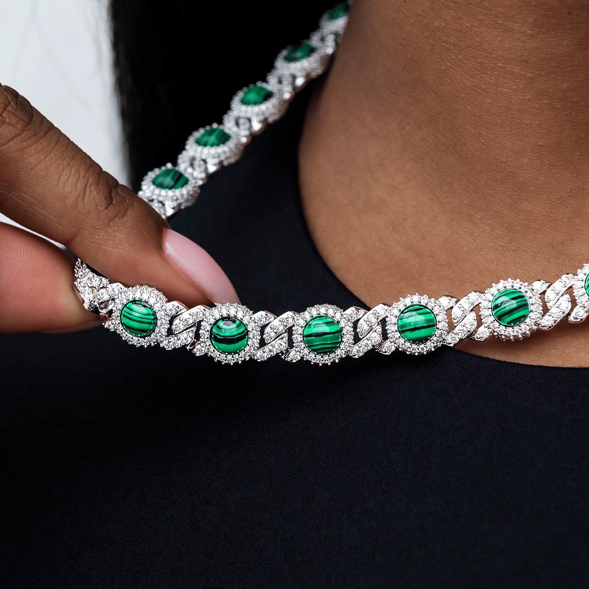 GLD Women 10 mm Iced Halo Cuban Necklace with Malachite in White Gold