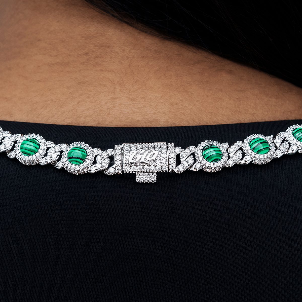 GLD Women 10 mm Iced Halo Cuban Necklace with Malachite in White Gold