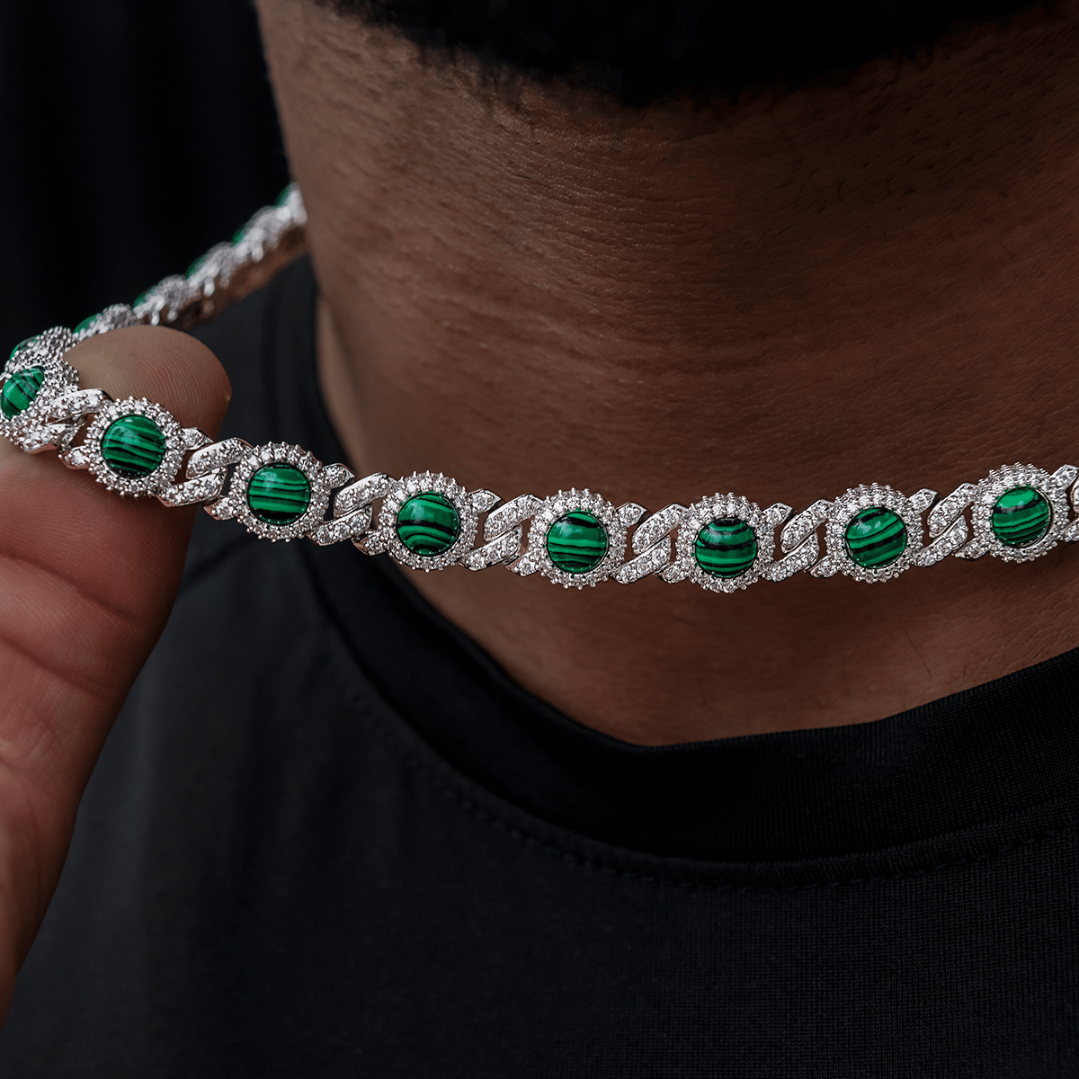 GLD Men 10 mm Iced Halo Cuban Chain with Malachite in White Gold