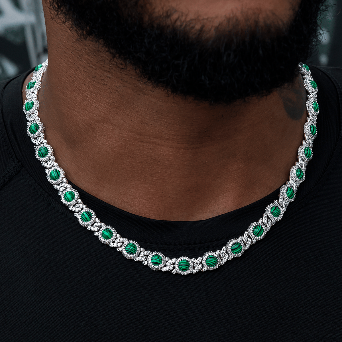 GLD Men 10 mm Iced Halo Cuban Chain with Malachite in White Gold