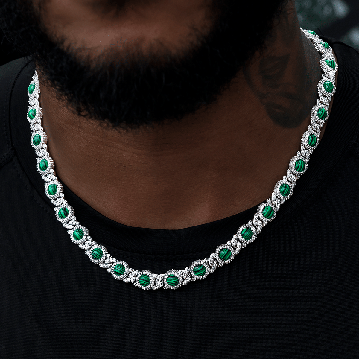 GLD Men 10 mm Iced Halo Cuban Chain with Malachite in White Gold