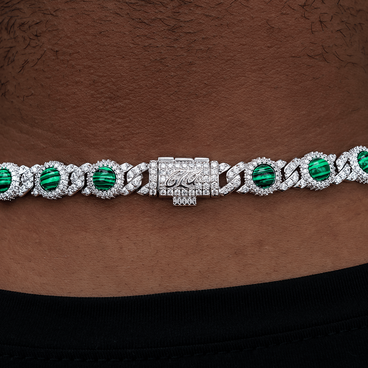 GLD Men 10 mm Iced Halo Cuban Chain with Malachite in White Gold