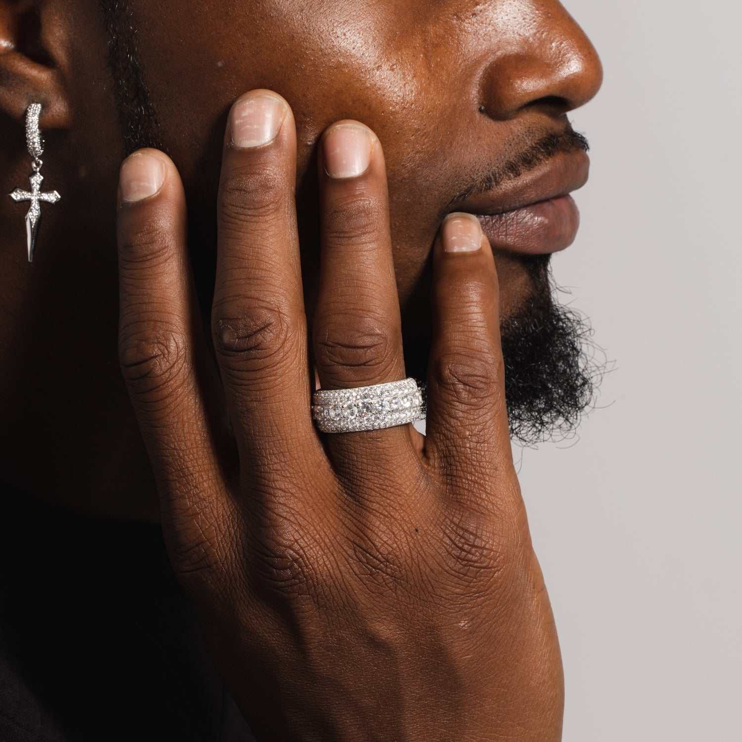 GLD Men 5 Layer Diamond Band Ring in White Gold Vermeil