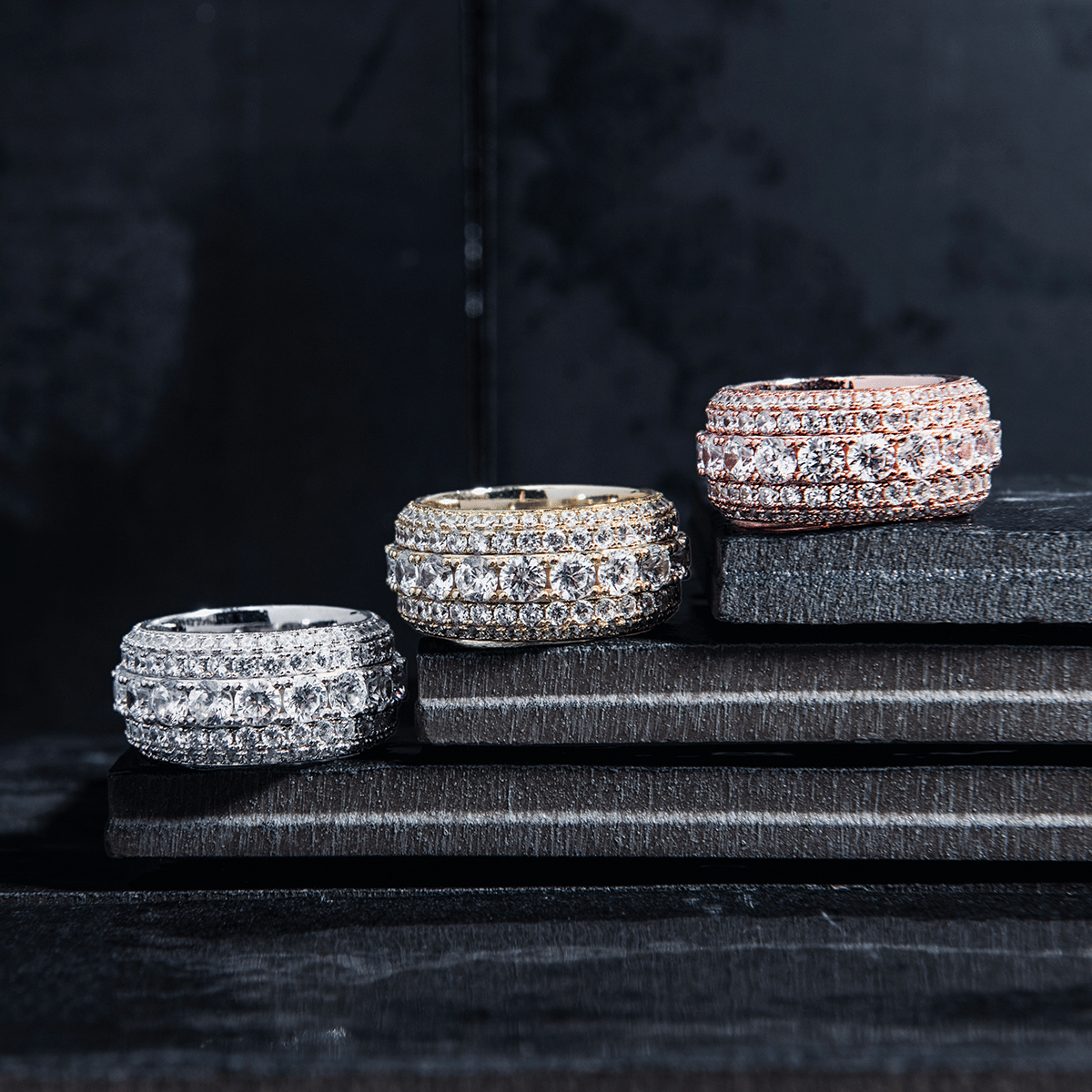 GLD Men 5 Layer Diamond Band Ring in White Gold Vermeil