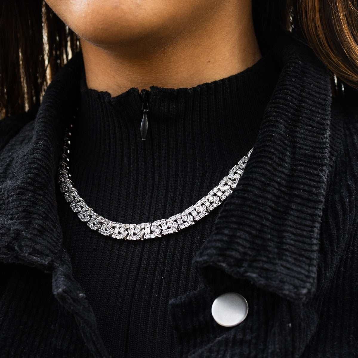 GLD Women Baguette Chain Link Necklace in White Gold - 8 mm