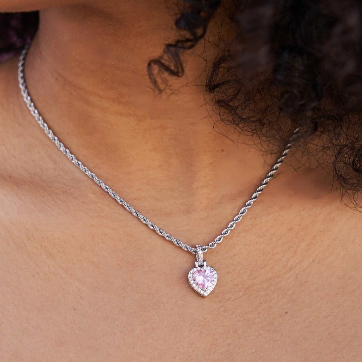 GLD Women Micro Iced Pink Heart Pendant in White Gold