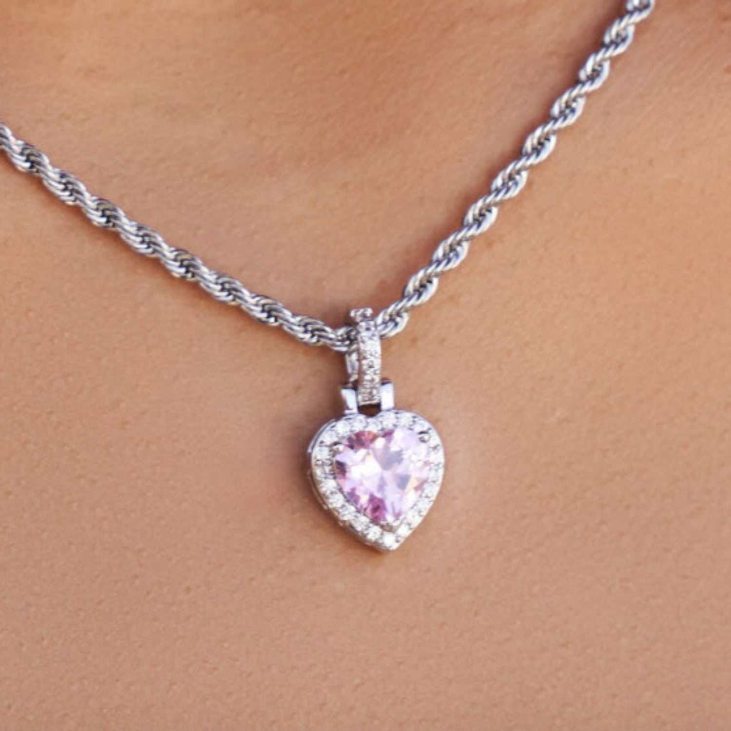 GLD Women Micro Iced Pink Heart Pendant in White Gold