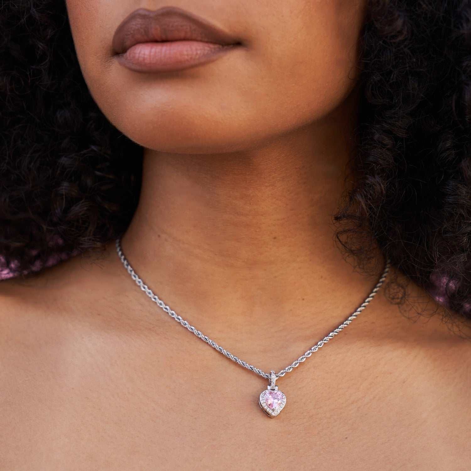 GLD Women Micro Iced Pink Heart Pendant in White Gold