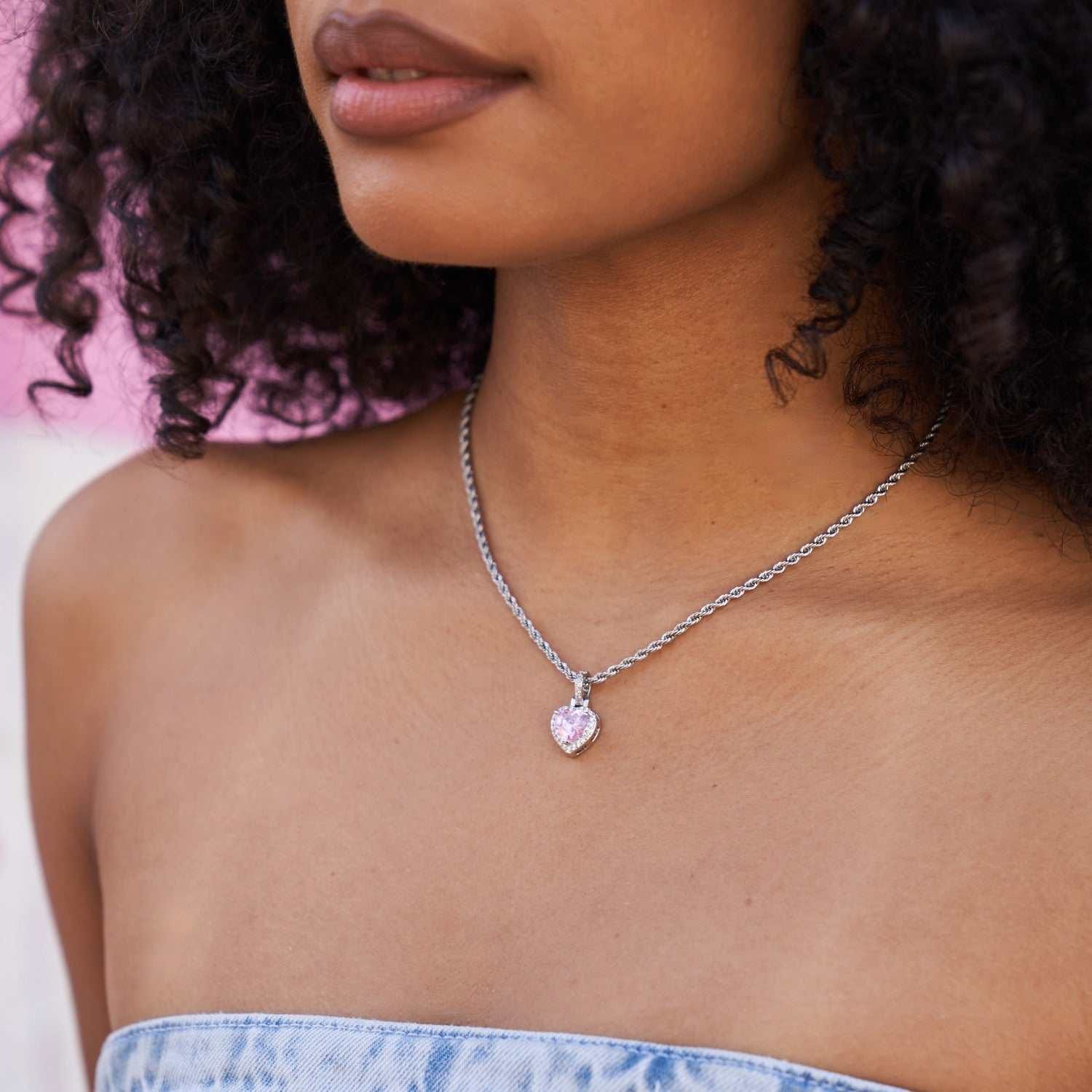 GLD Women Micro Iced Pink Heart Pendant in White Gold