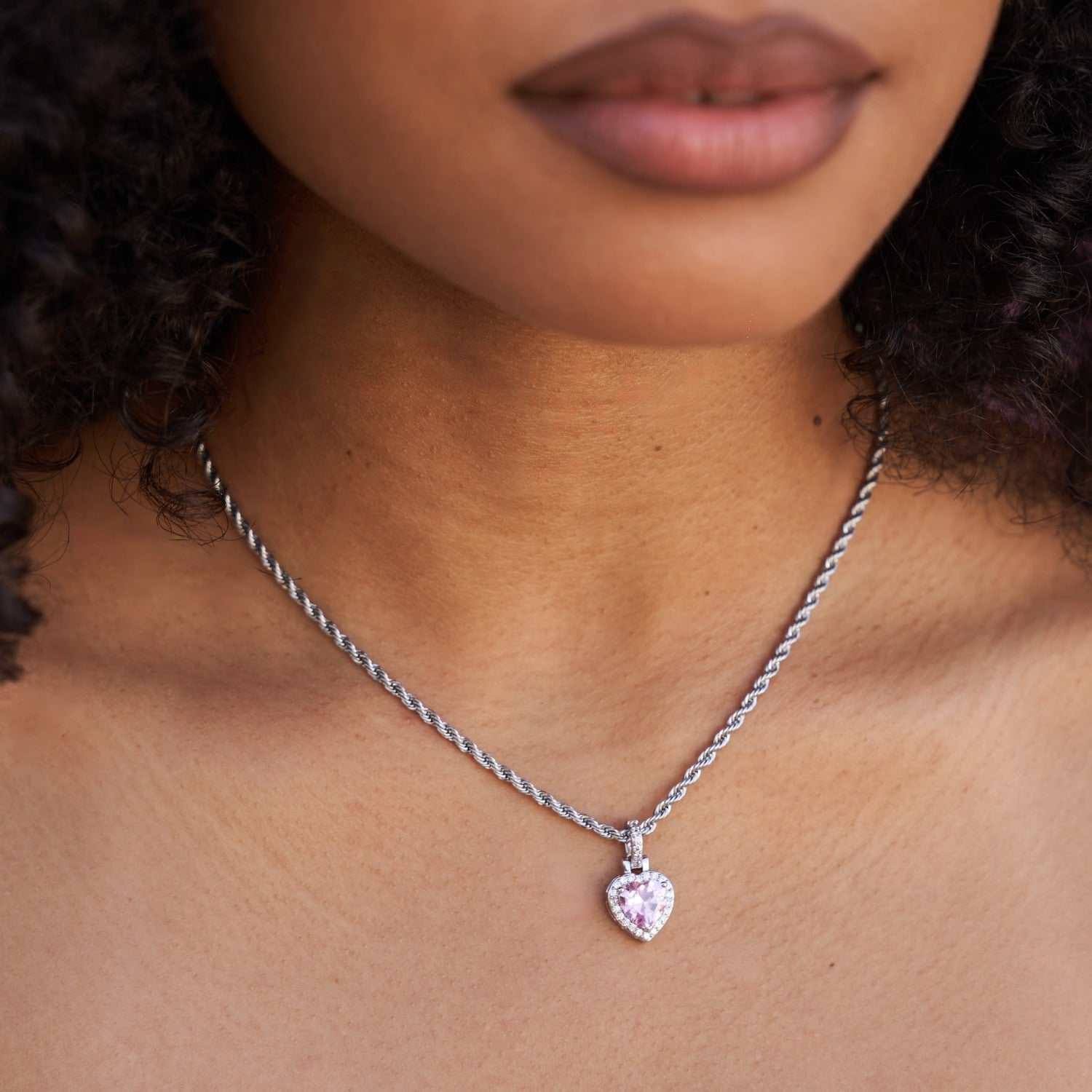 GLD Women Micro Iced Pink Heart Pendant in White Gold