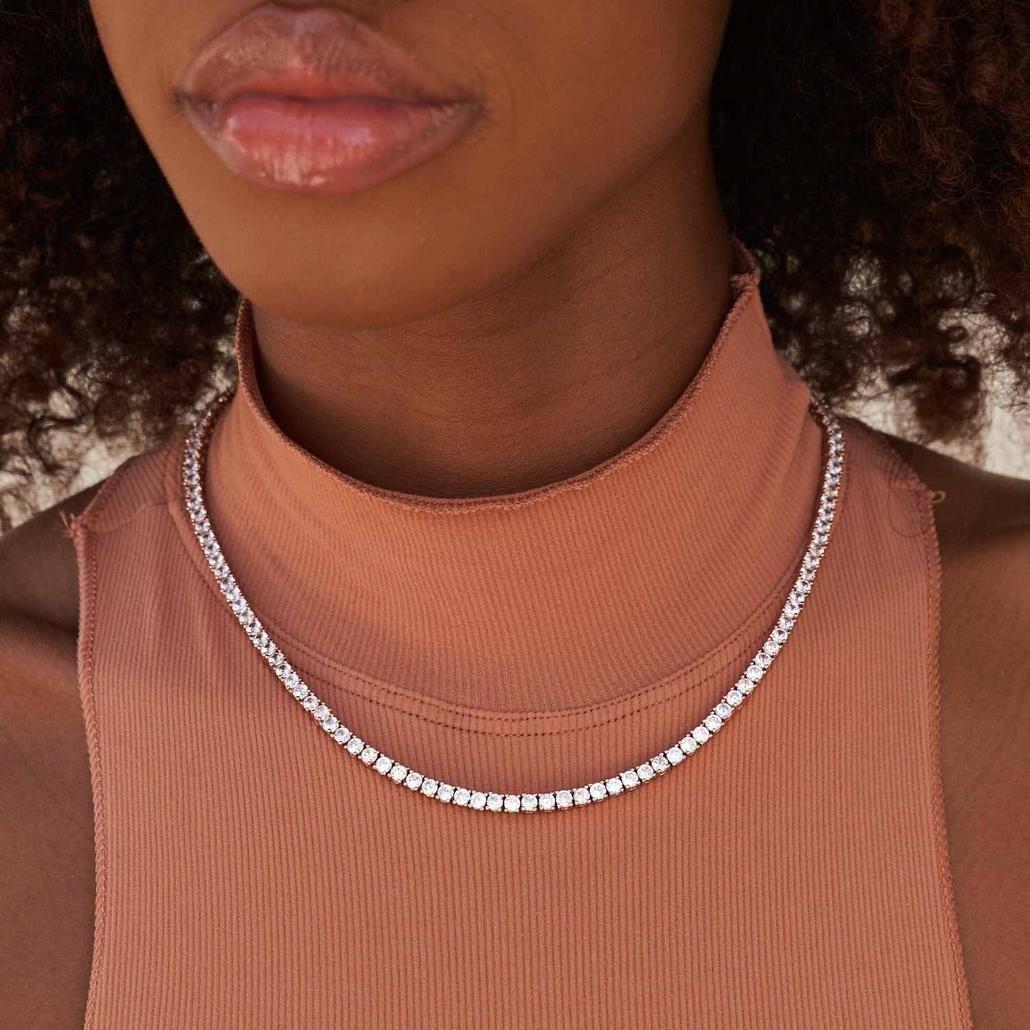 GLD Women Diamond Tennis Necklace in Rose Gold - 3 mm