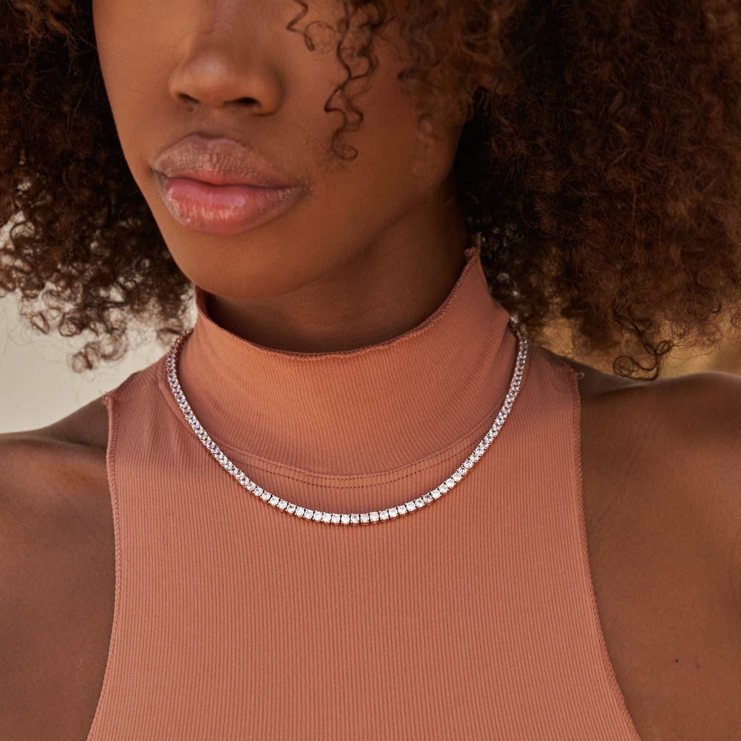 GLD Women Diamond Tennis Necklace in Rose Gold - 3 mm