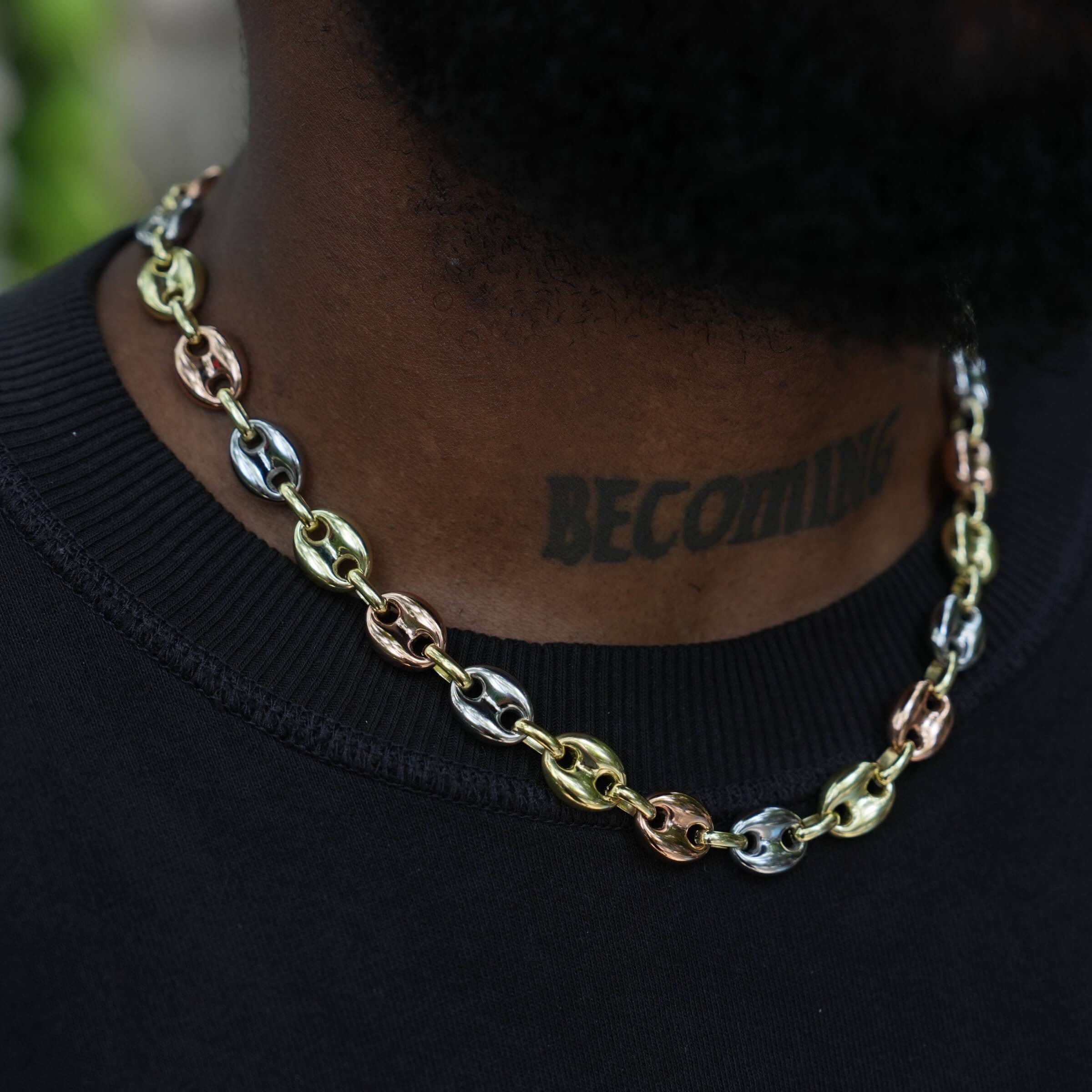 GLD Men Puffed Mariner Chain Necklace in Yellow, Rose, and White Gold - 12 mm