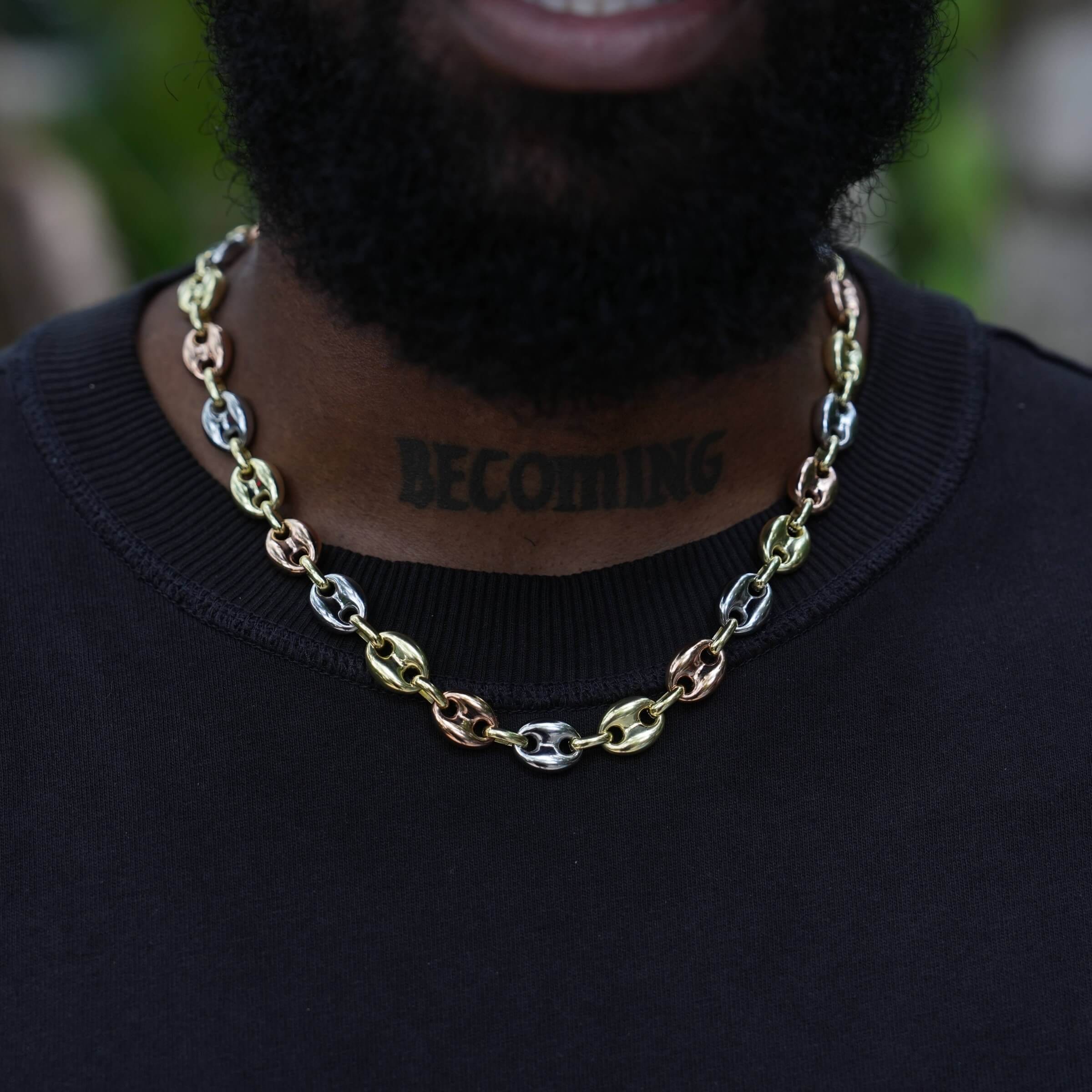 GLD Men Puffed Mariner Chain Necklace in Yellow, Rose, and White Gold - 12 mm