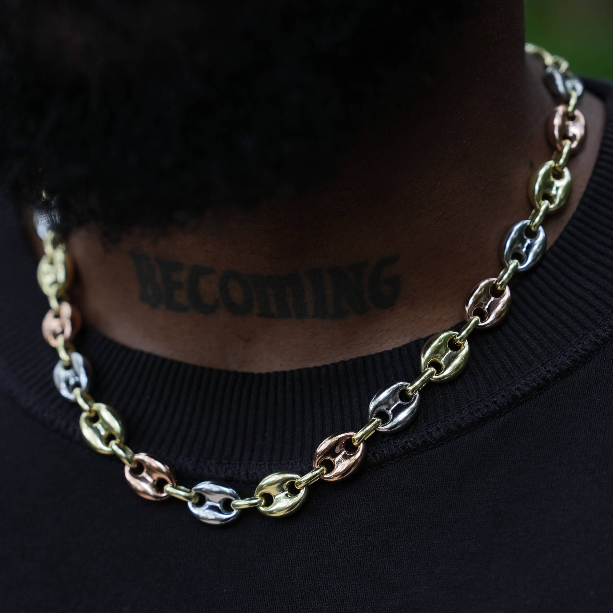 GLD Men Puffed Mariner Chain Necklace in Yellow, Rose, and White Gold - 12 mm