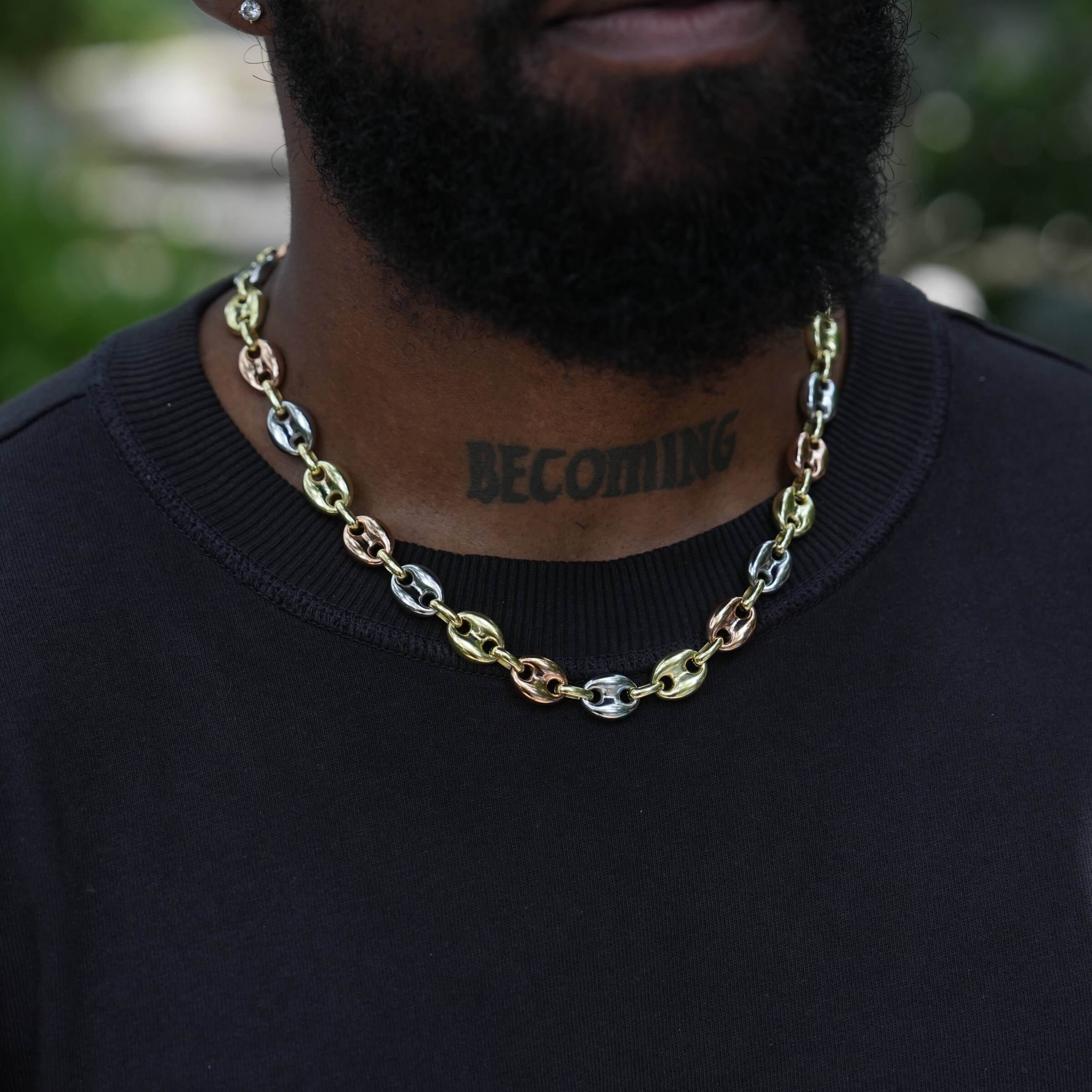 GLD Men Puffed Mariner Chain Necklace in Yellow, Rose, and White Gold - 12 mm