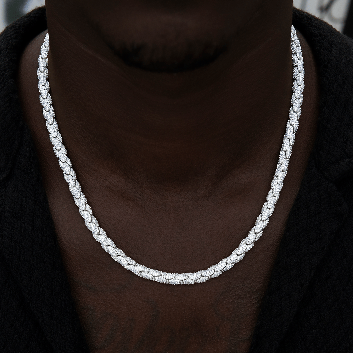 GLD Men Diamond Pave Snake Link Chain in White Gold - 6 mm