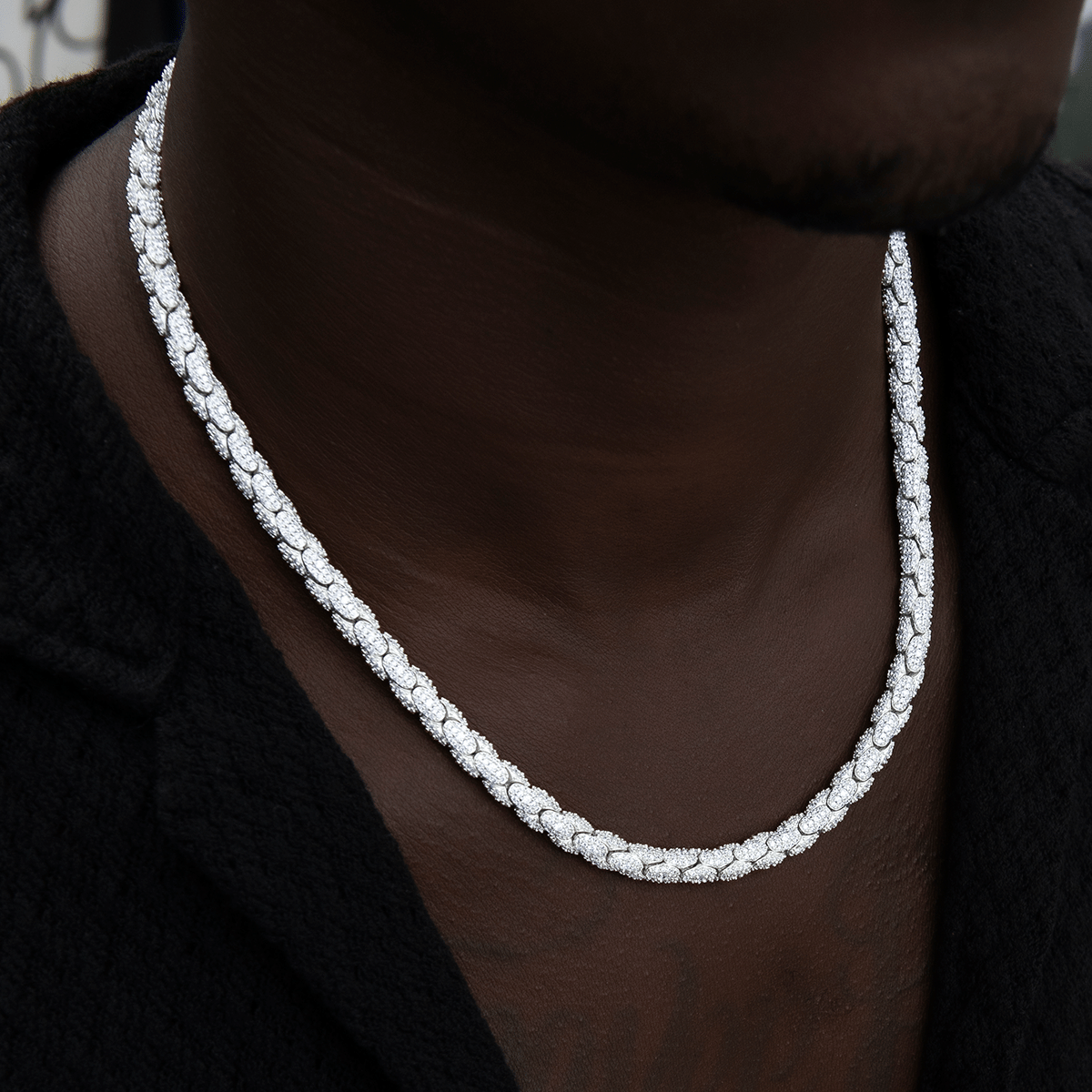 GLD Men Diamond Pave Snake Link Chain in White Gold - 6 mm