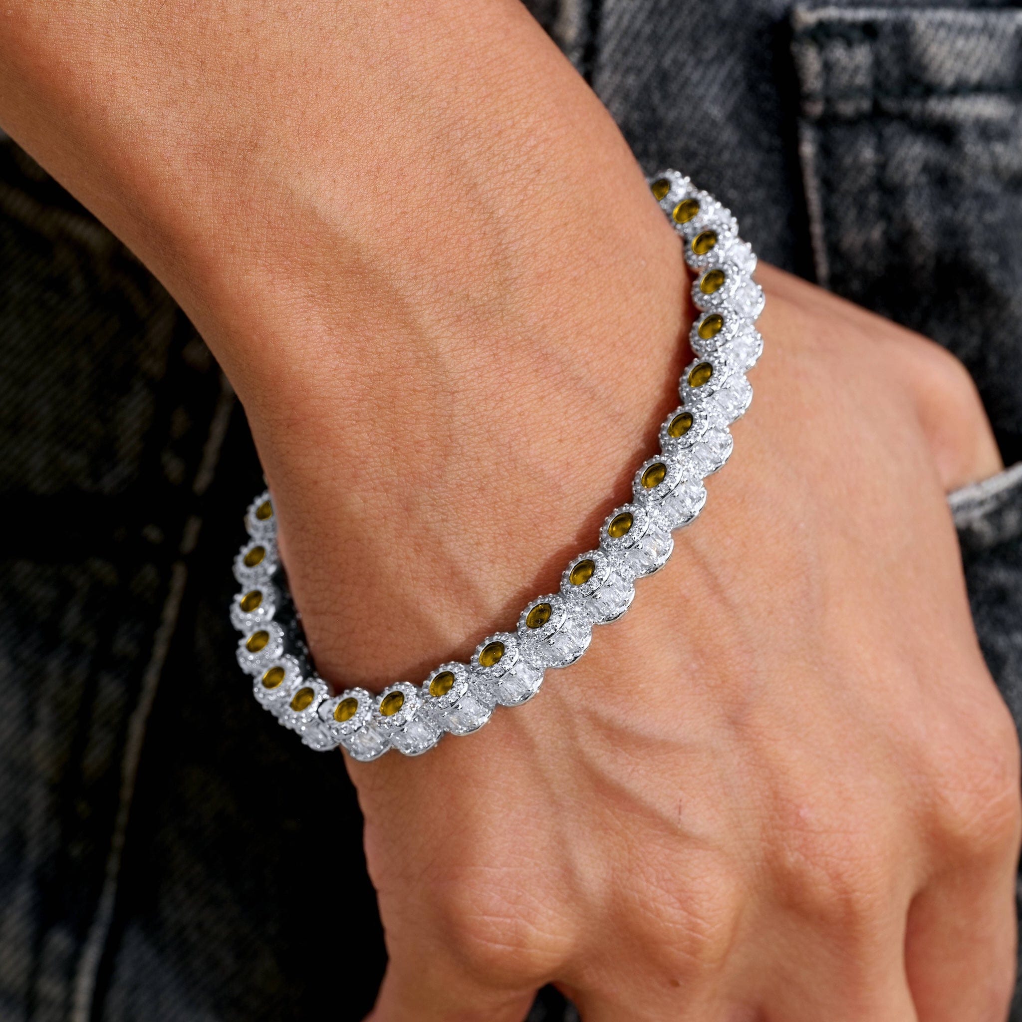 GLD Women Canary Iced Multi Dimensional Bangle Bracelet in White Gold