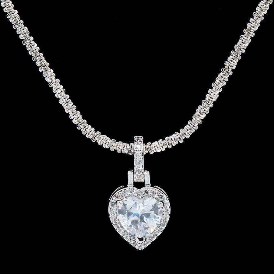 GLD PROMO SETS - WOMEN Micro Iced Diamond Heart Pendant in White Gold