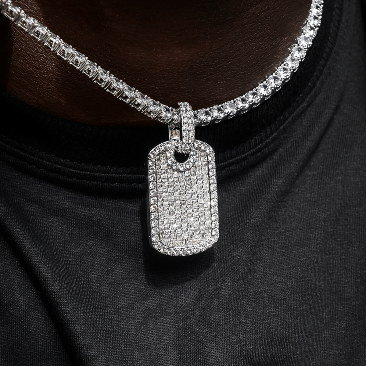 GLD PROMO SETS Baguette Dog Tag Pendant in White Gold