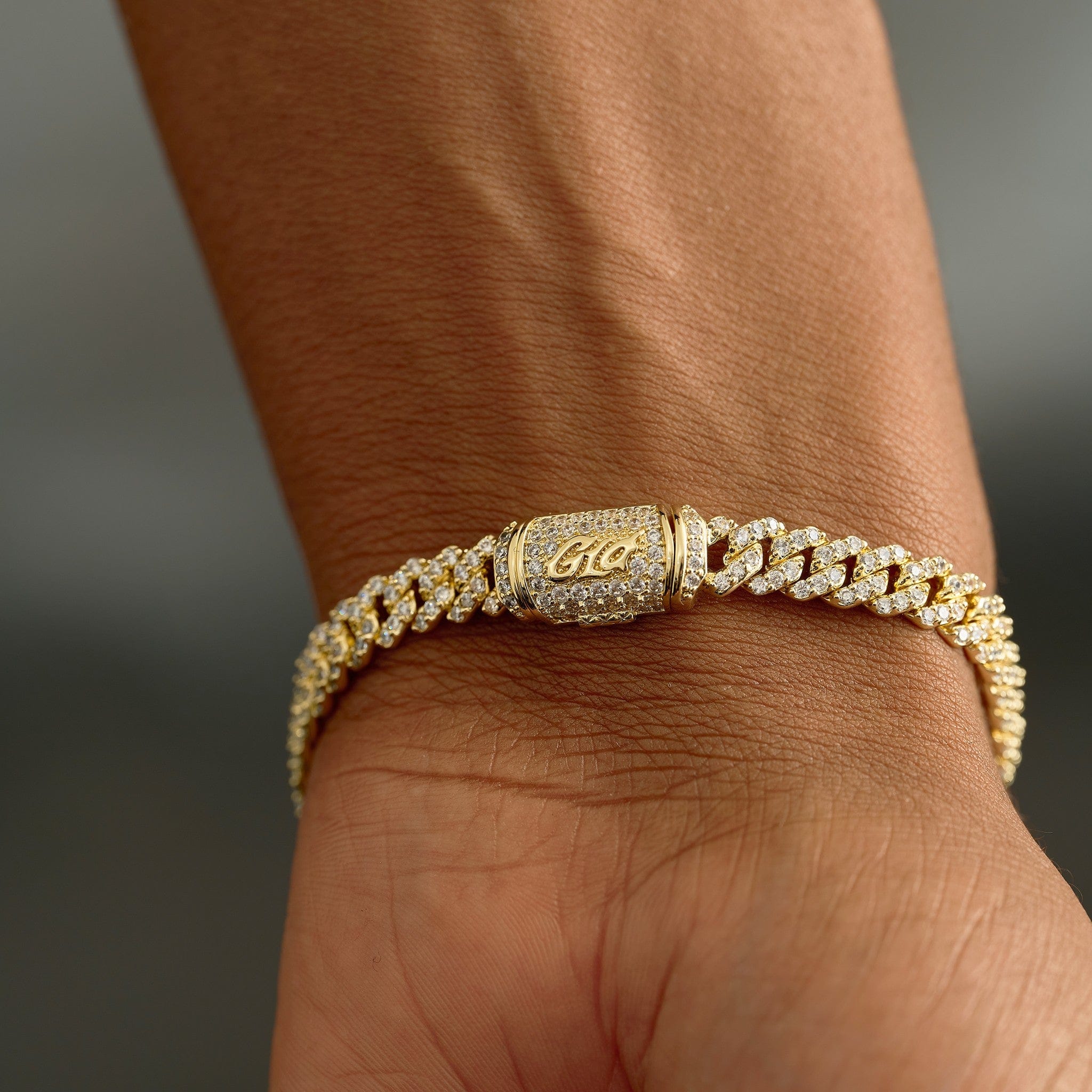 GLD Men Iced Crucifix Cross Plate Bracelet in Yellow Gold