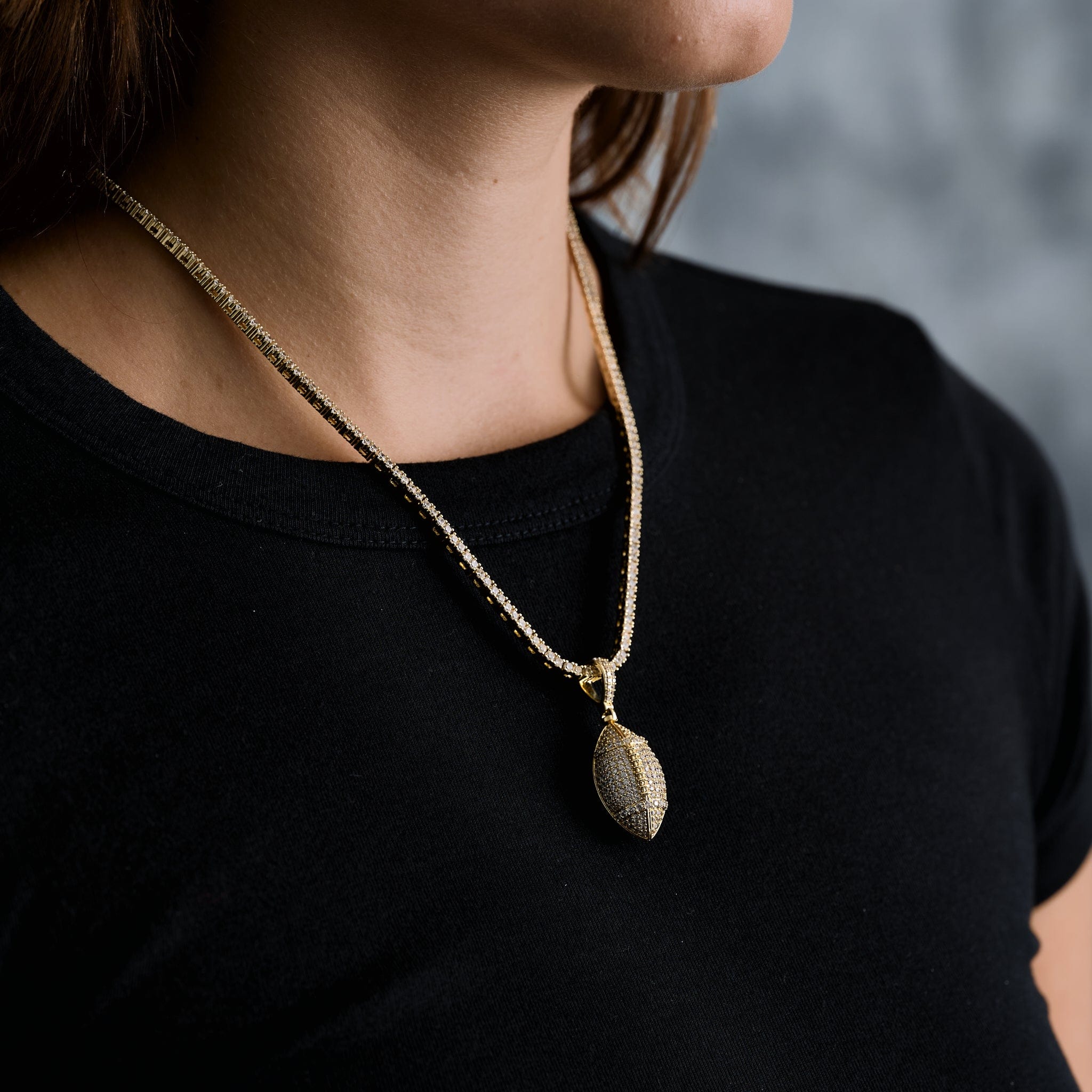 GLD Women Iced Football Pendant in Yellow Gold