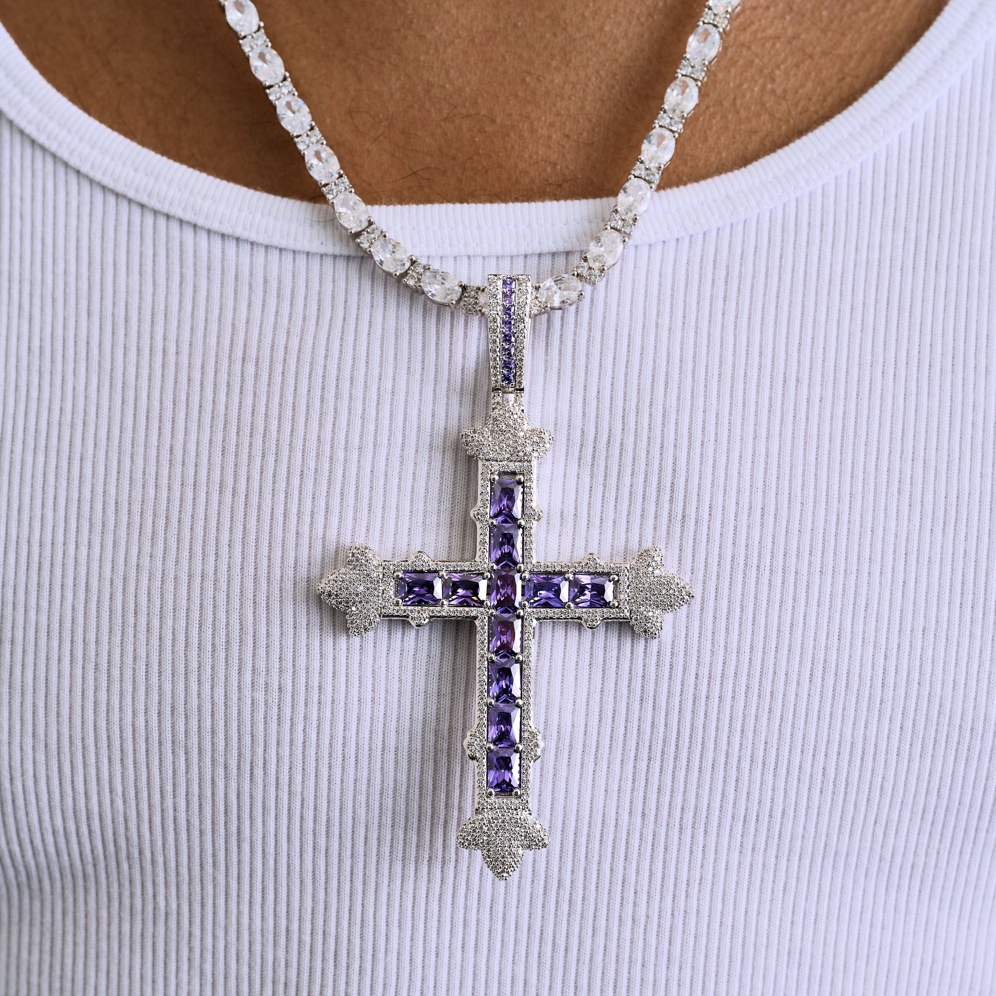 GLD Men Large Iced Purple Baguette Cross Pendant in White Gold