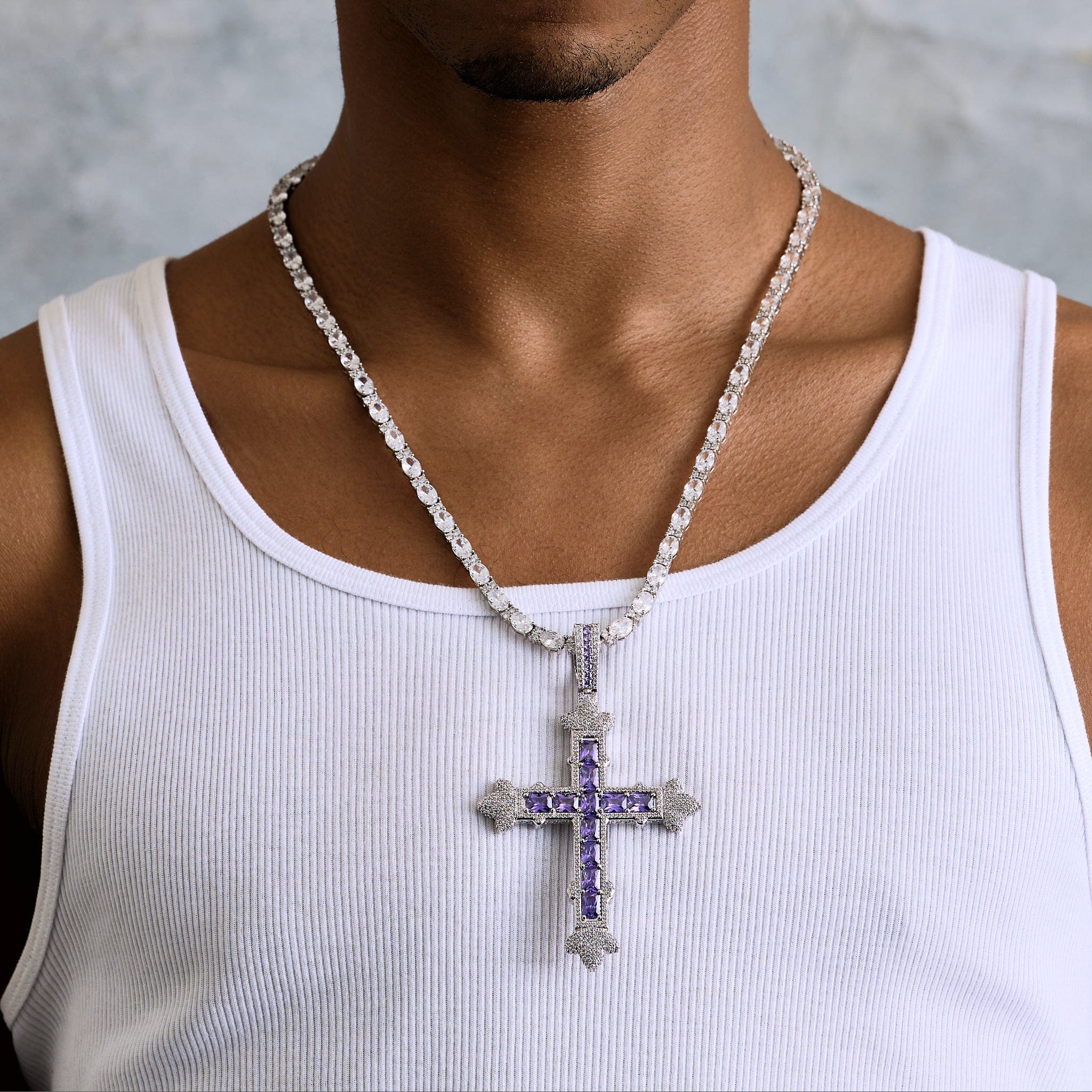 GLD Men Large Iced Purple Baguette Cross Pendant in White Gold