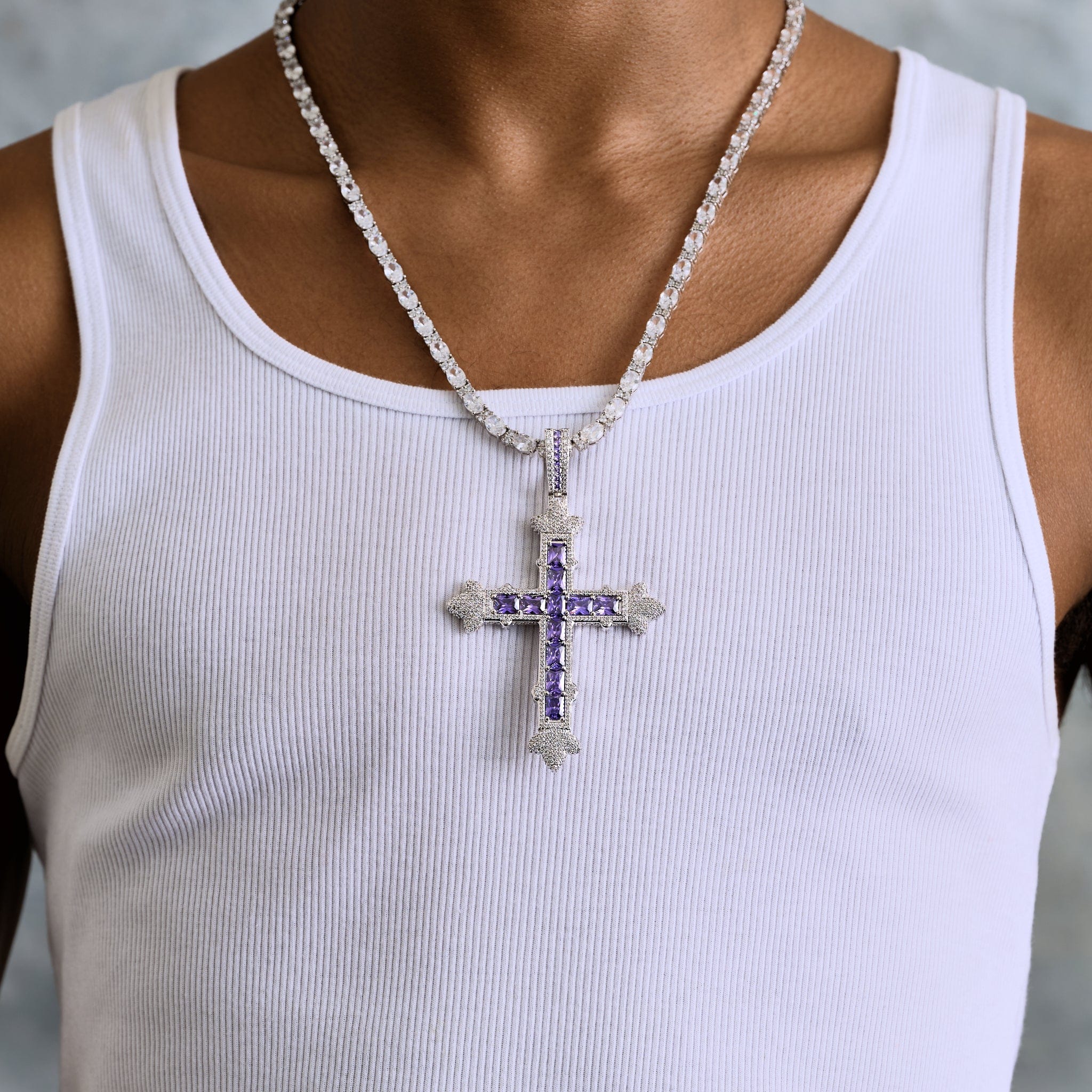 GLD Men Large Iced Purple Baguette Cross Pendant in White Gold