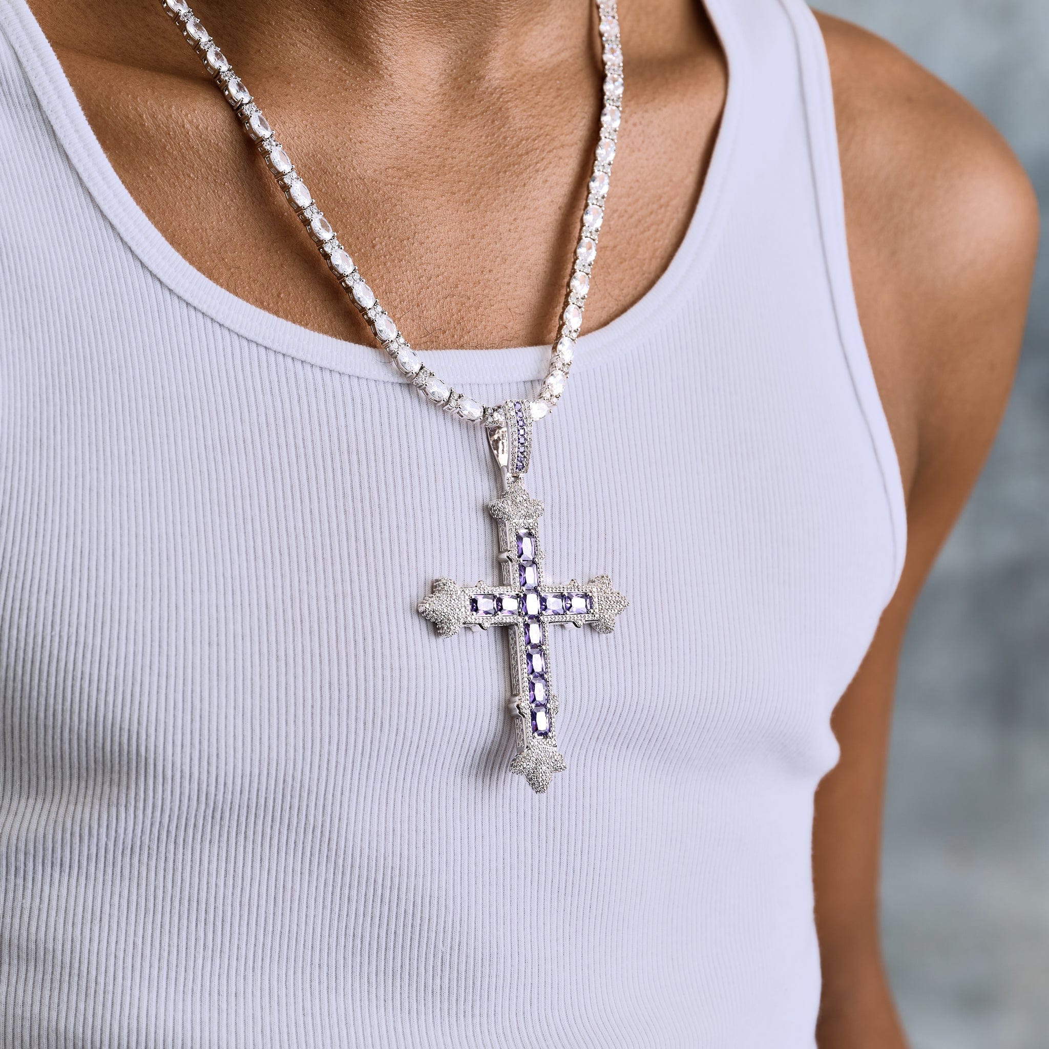 GLD Men Large Iced Purple Baguette Cross Pendant in White Gold
