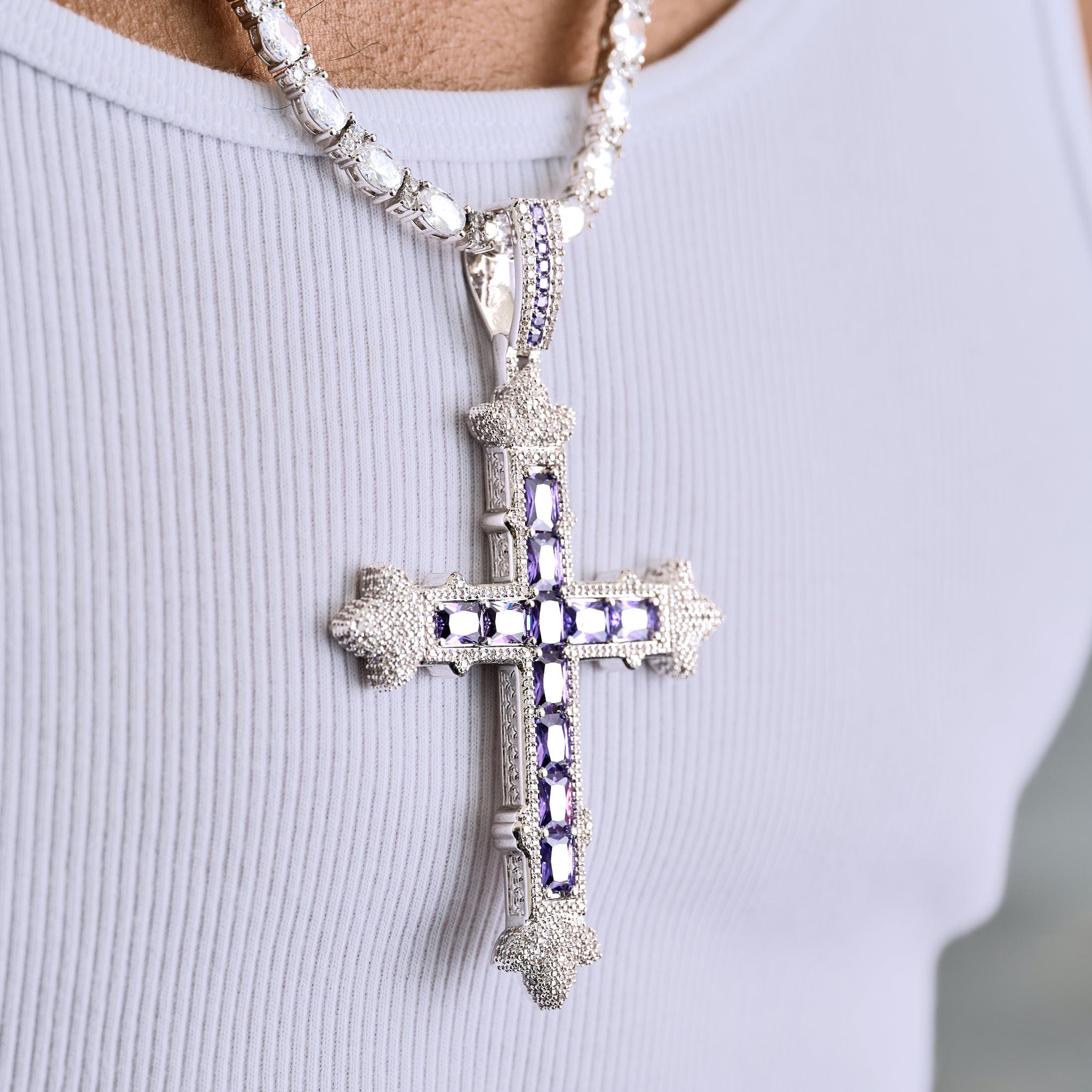 GLD Men Large Iced Purple Baguette Cross Pendant in White Gold