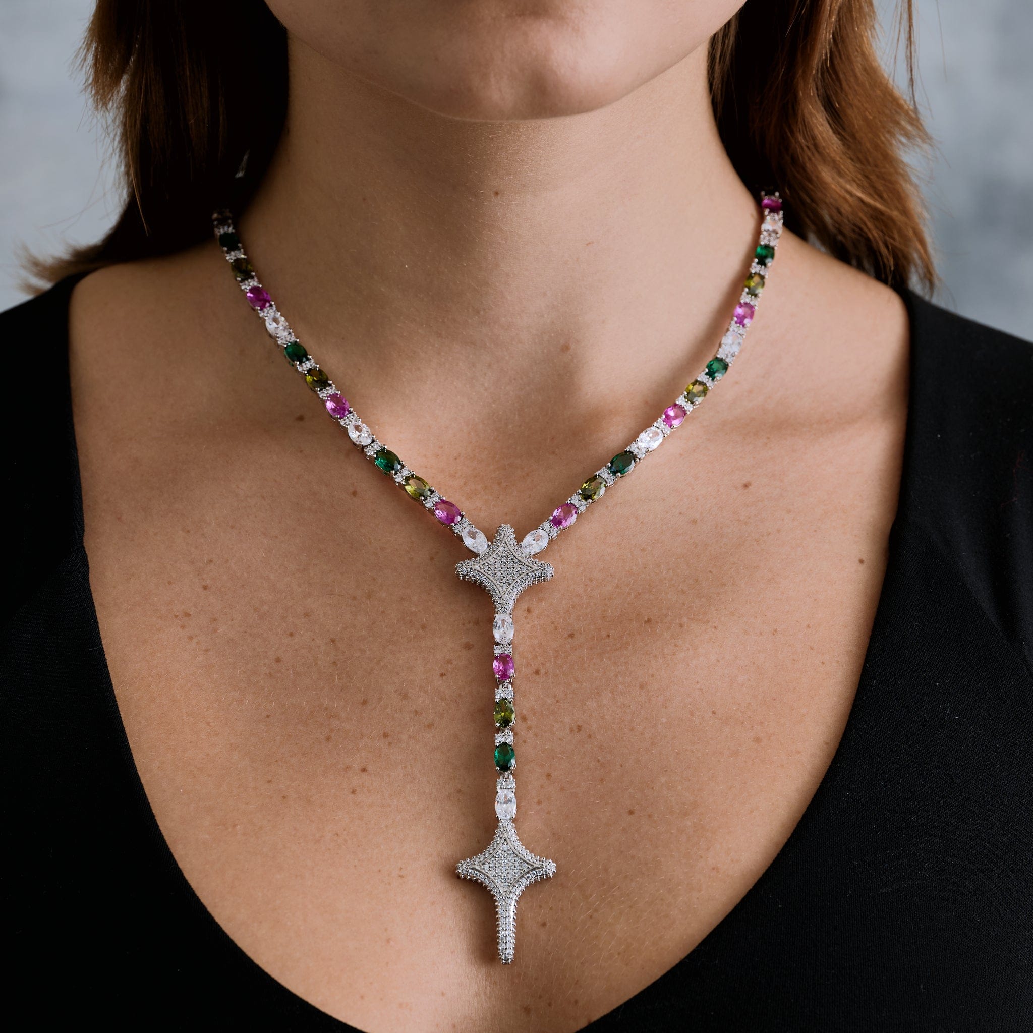 GLD Women Tennis Link GLD Star Multi Color Lariat Necklace in White Gold