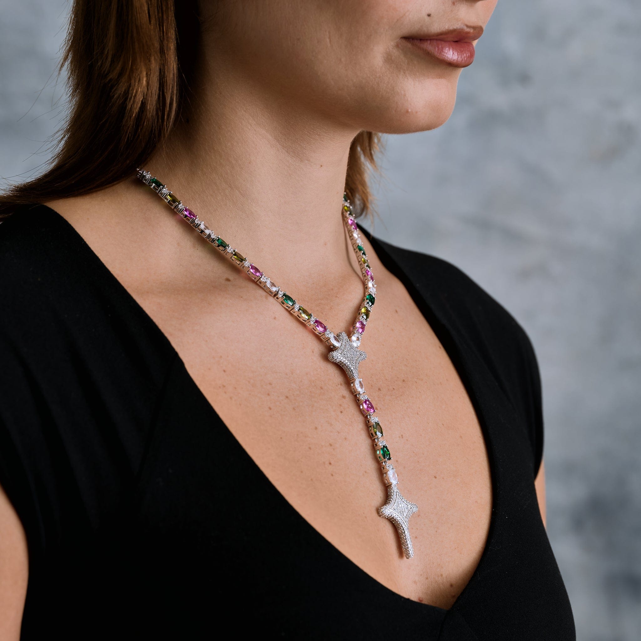 GLD Women Tennis Link GLD Star Multi Color Lariat Necklace in White Gold