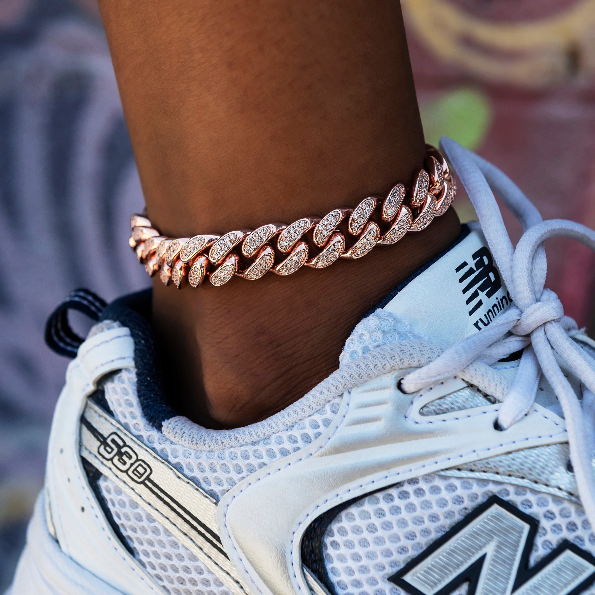GLD Women 12 mm Diamond Cuban Anklet in Rose Gold