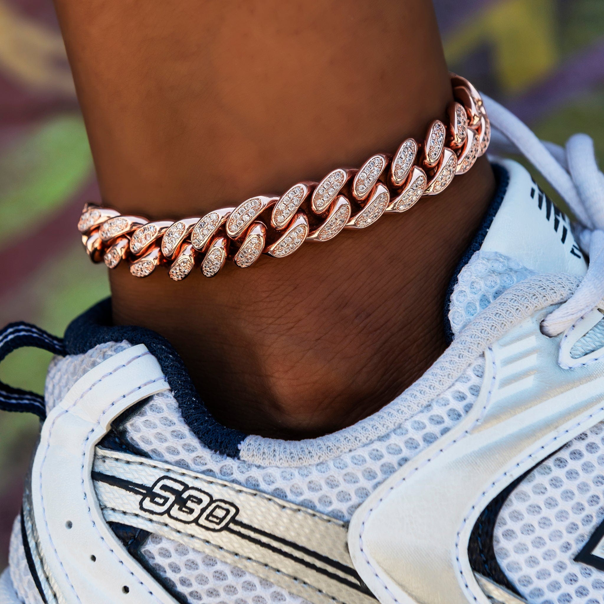 GLD Women 12 mm Diamond Cuban Anklet in Rose Gold