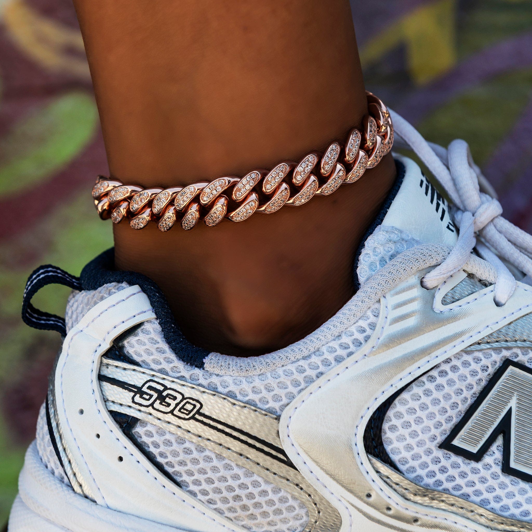 GLD Women 12 mm Diamond Cuban Anklet in Rose Gold