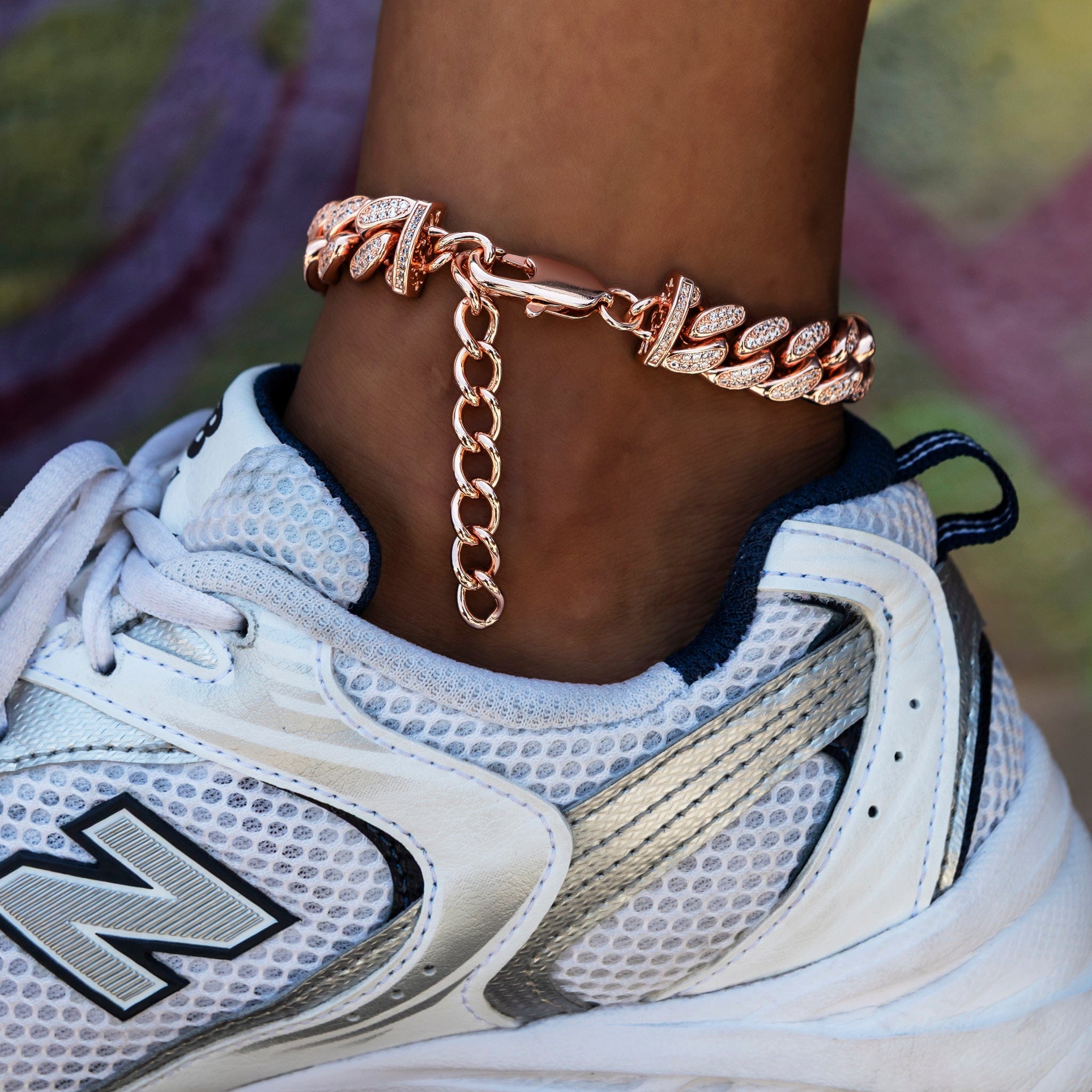 GLD Women 12 mm Diamond Cuban Anklet in Rose Gold