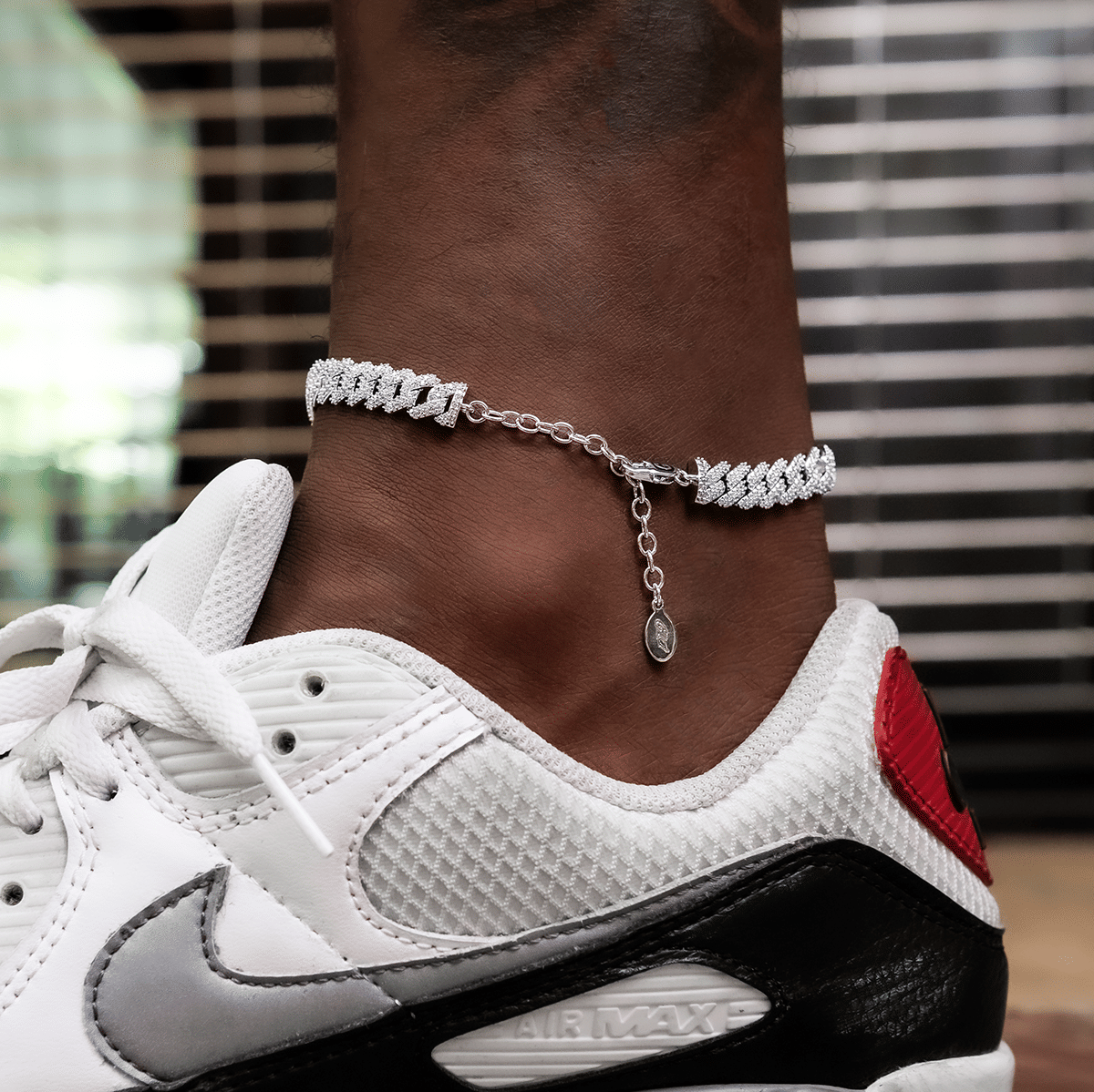 GLD Men Diamond Prong Cuban Anklet in White Gold - 8.5 mm