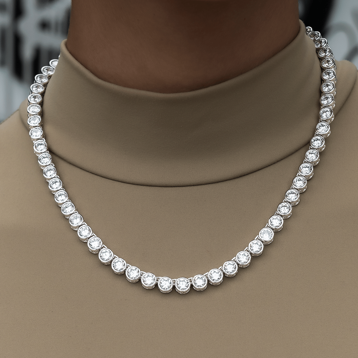GLD PROMO - WOMEN Bezel Tennis Necklace in White Gold - 5 mm